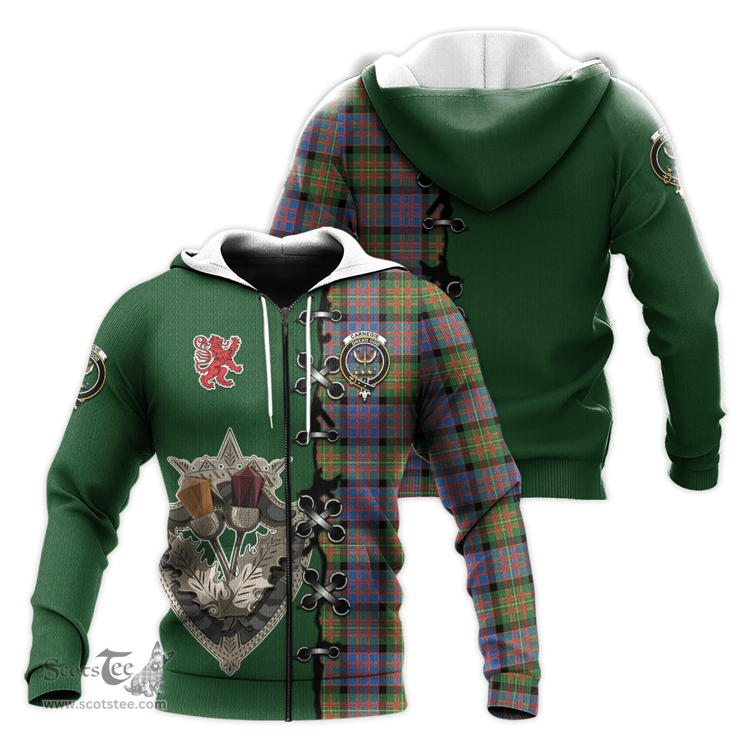 Scottish Carnegie Ancient Clan Tartan Hoodie - Lion Rampant And Celtic Thistle Style Scottish Plaid Tartan Plaid