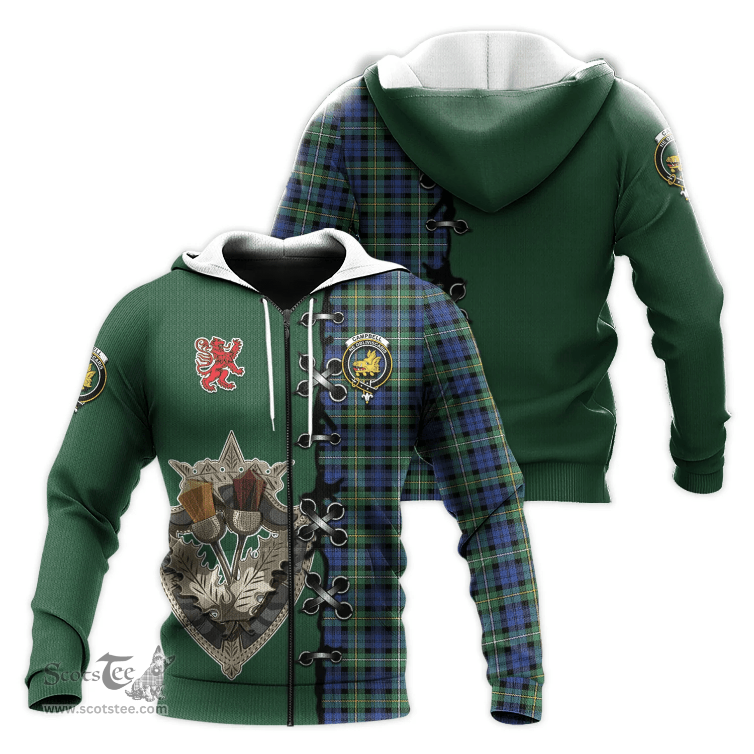 Scottish Campbell Argyll Ancient Clan Tartan Hoodie - Lion Rampant And Celtic Thistle Style Scottish Plaid Tartan Plaid