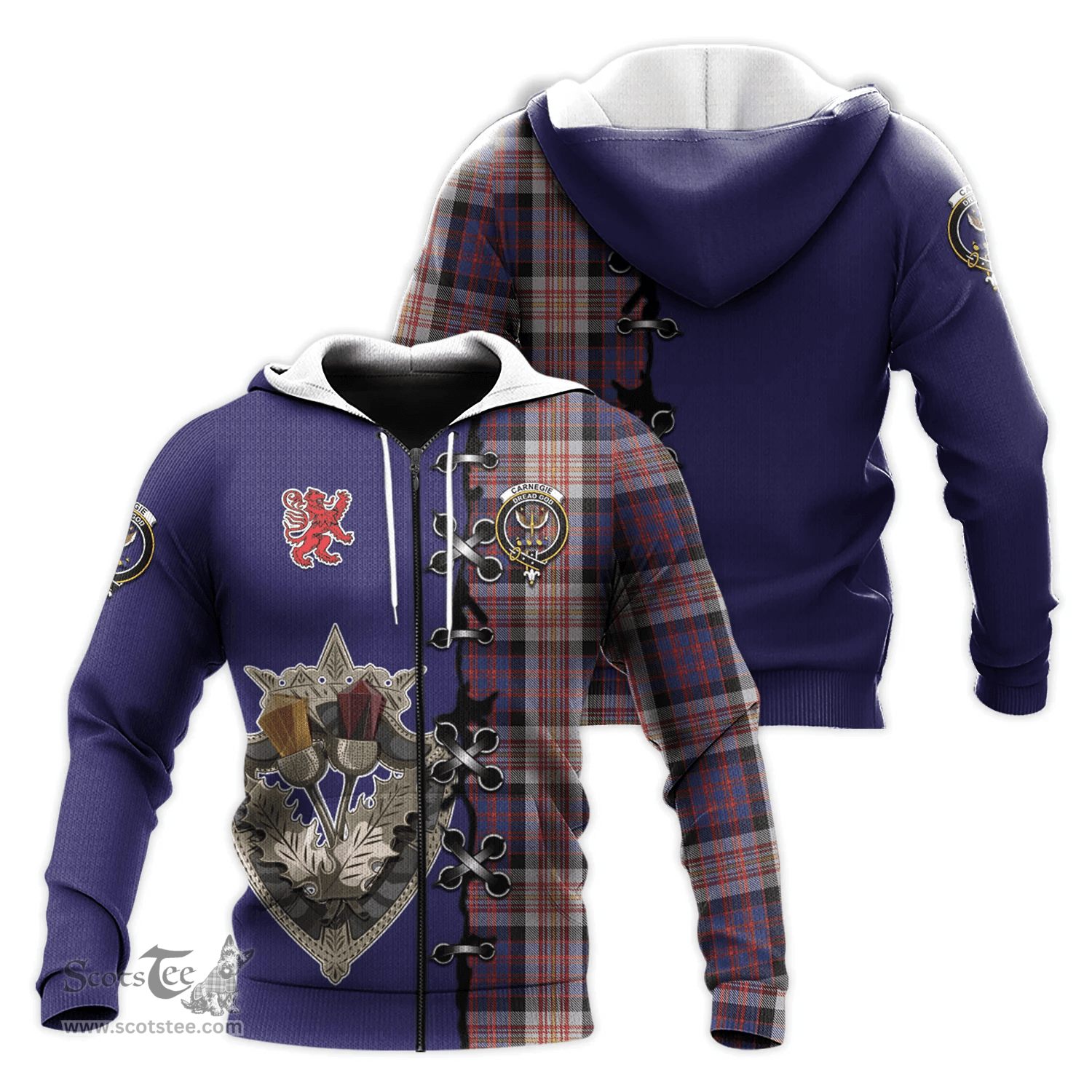 Scottish Carnegie Clan Tartan Hoodie - Lion Rampant And Celtic Thistle Style Scottish Plaid Tartan Plaid