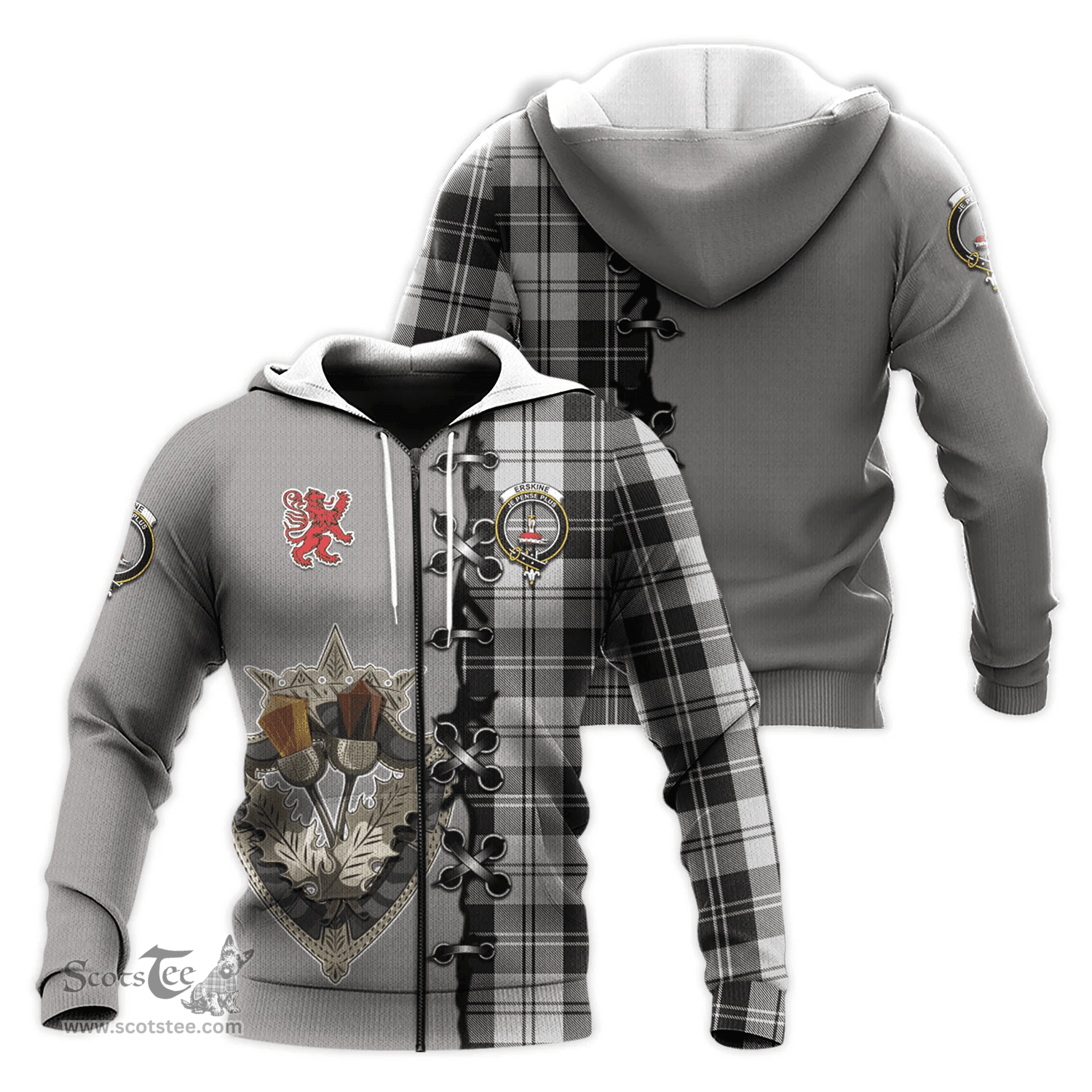 Scottish Erskine Black and White Clan Tartan Hoodie - Lion Rampant And Celtic Thistle Style Scottish Plaid Tartan Plaid