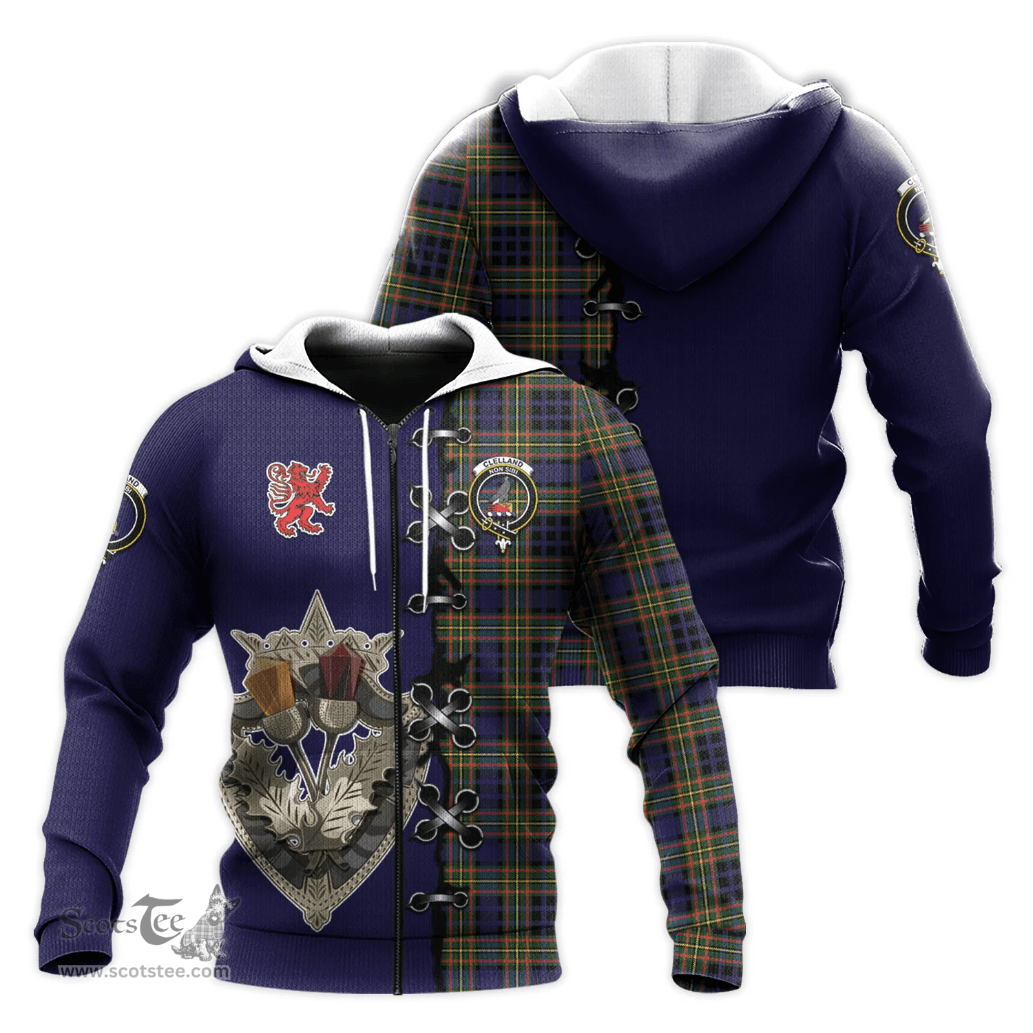 Scottish Clelland Modern Clan Tartan Hoodie - Lion Rampant And Celtic Thistle Style Scottish Plaid Tartan Plaid