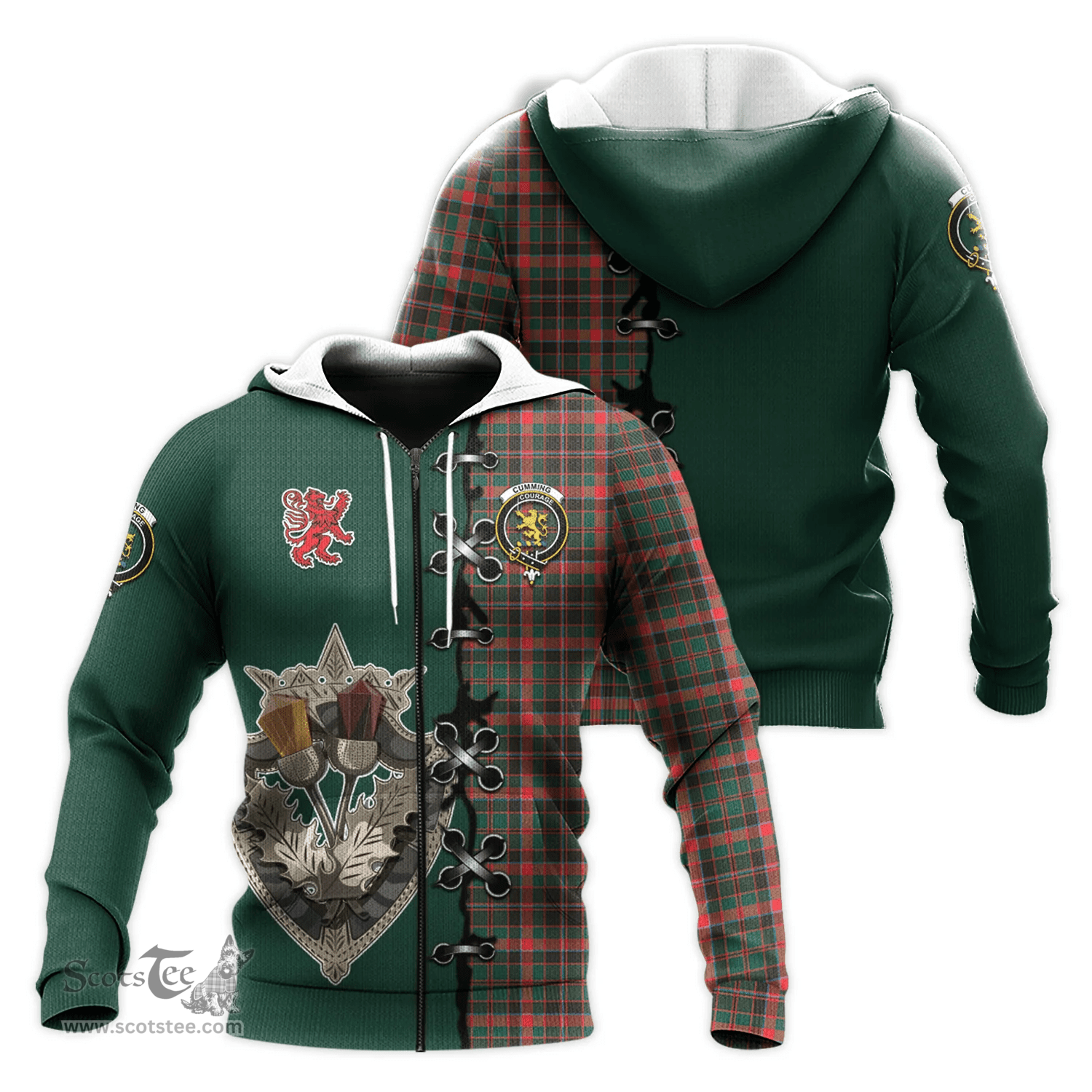 Scottish Cumming Hunting Modern Clan Tartan Hoodie - Lion Rampant And Celtic Thistle Style Scottish Plaid Tartan Plaid