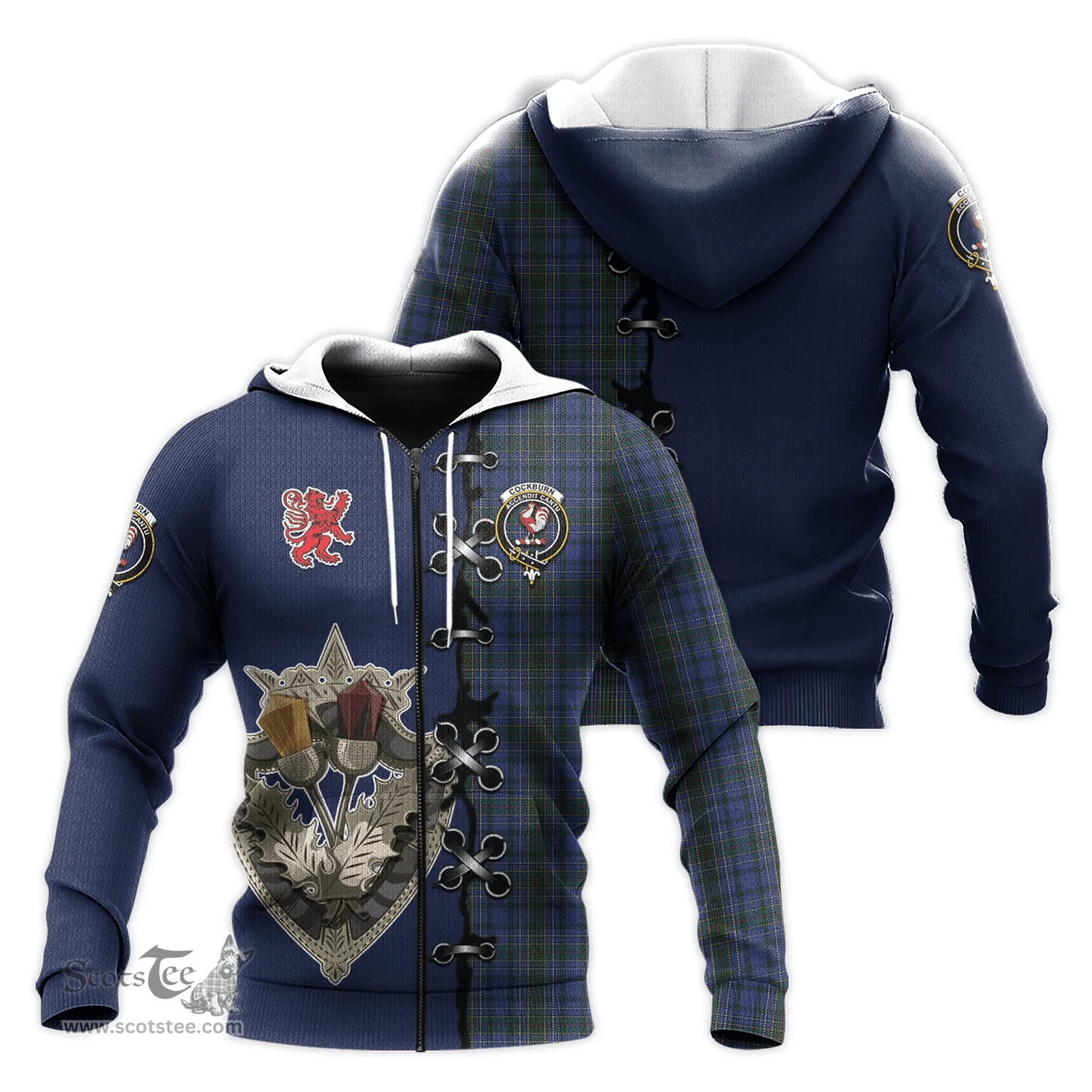 Scottish Cockburn Blue Clan Tartan Hoodie - Lion Rampant And Celtic Thistle Style Scottish Plaid Tartan Plaid
