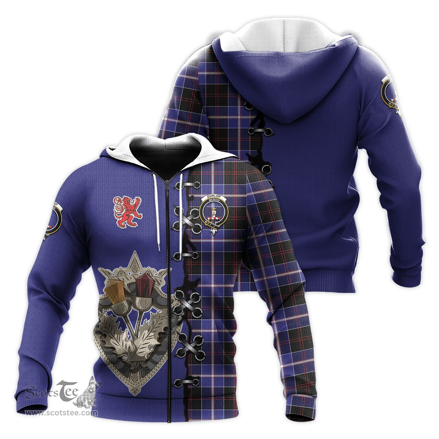 Scottish Dunlop Modern Clan Tartan Hoodie - Lion Rampant And Celtic Thistle Style Scottish Plaid Tartan Plaid