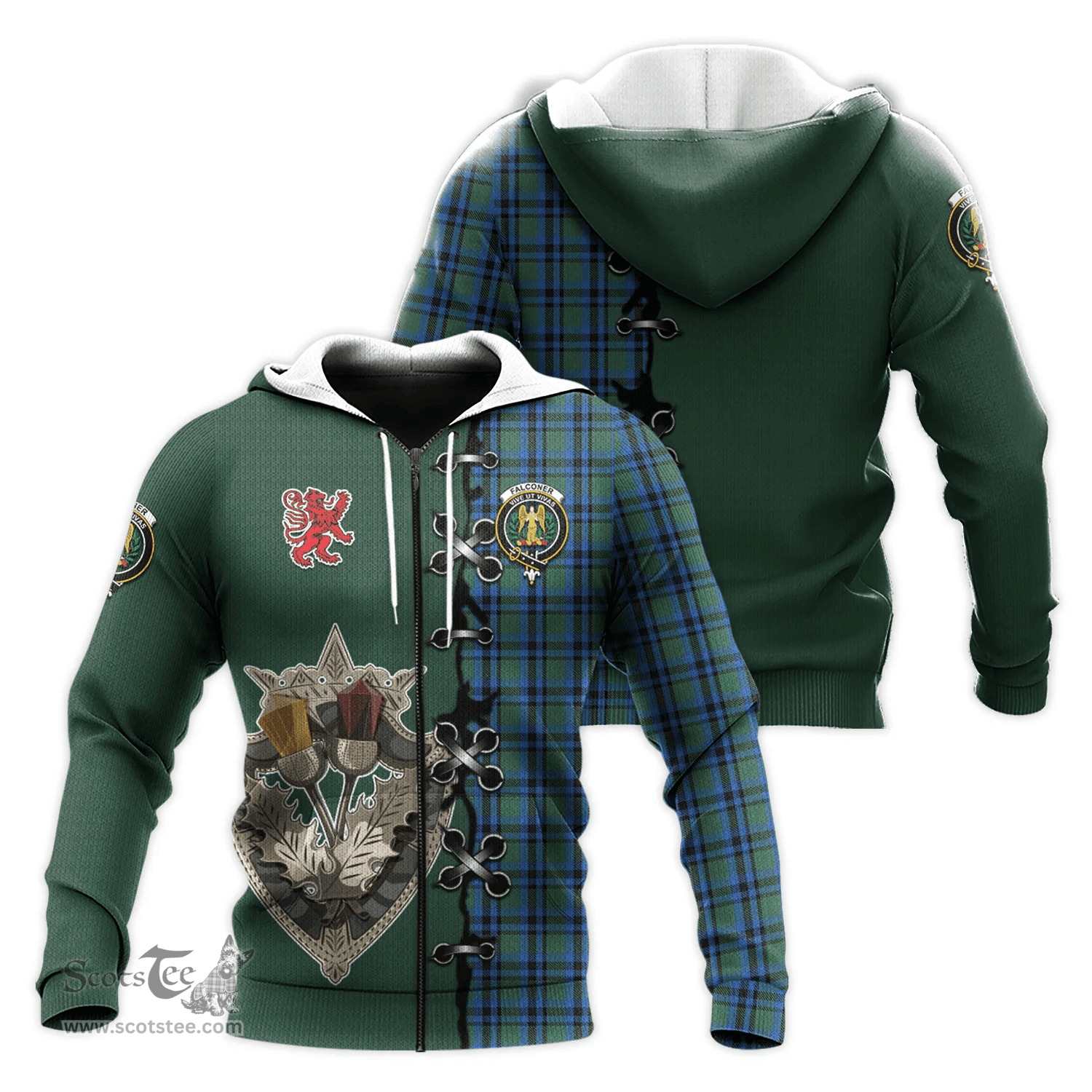 Scottish Falconer Clan Tartan Hoodie - Lion Rampant And Celtic Thistle Style Scottish Plaid Tartan Plaid