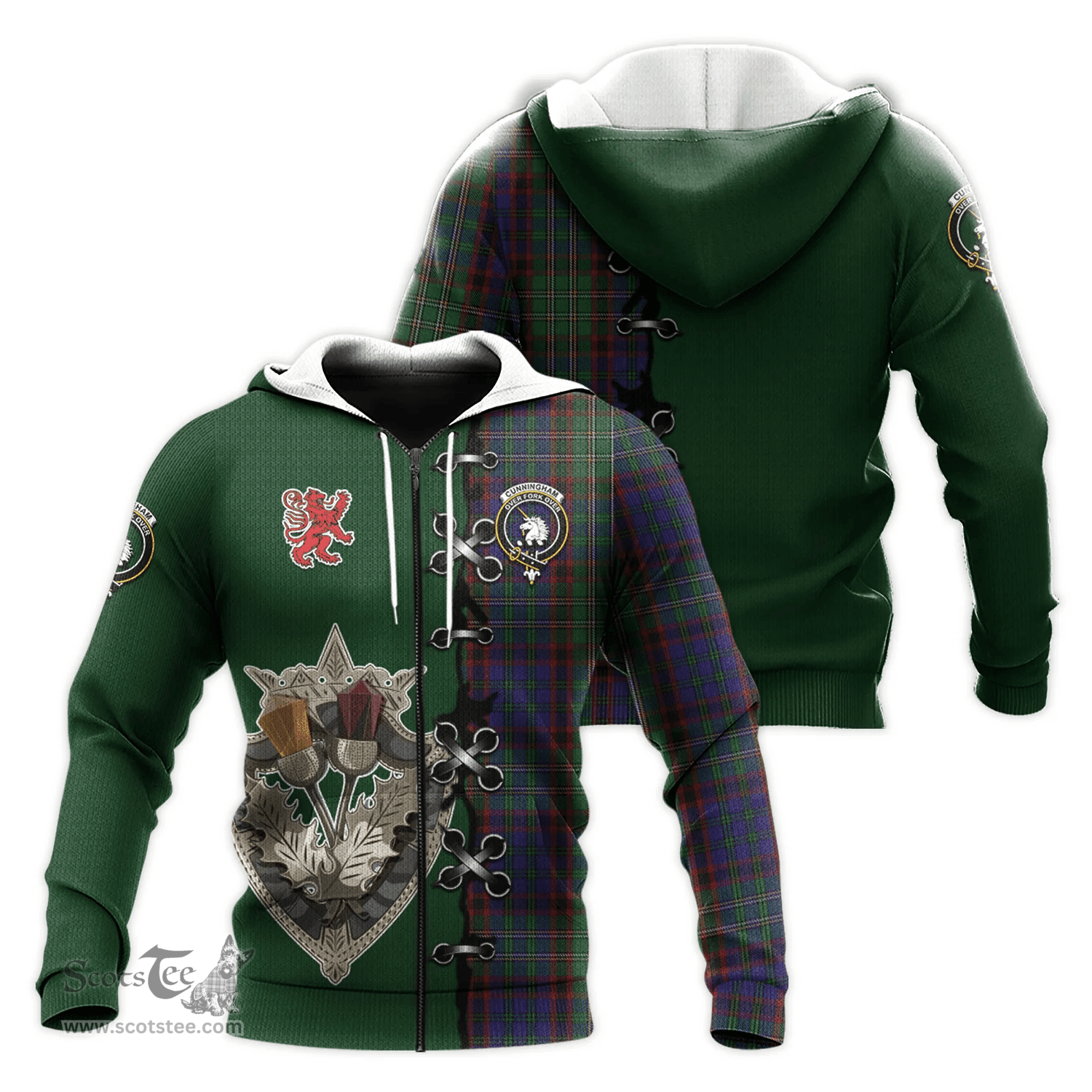 Scottish Cunningham Hunting Clan Tartan Hoodie - Lion Rampant And Celtic Thistle Style Scottish Plaid Tartan Plaid