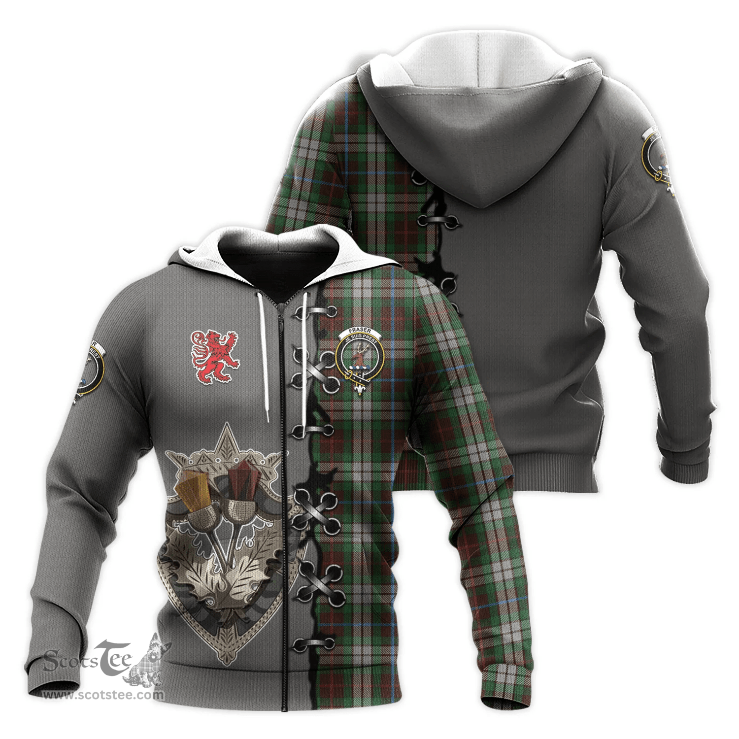 Scottish Fraser Hunting Dress Clan Tartan Hoodie - Lion Rampant And Celtic Thistle Style Scottish Plaid Tartan Plaid