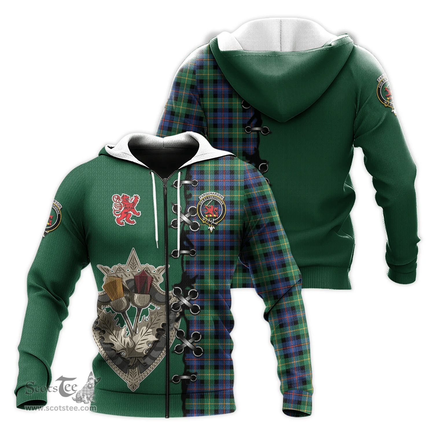 Scottish Farquharson Ancient Clan Tartan Hoodie - Lion Rampant And Celtic Thistle Style Scottish Plaid Tartan Plaid