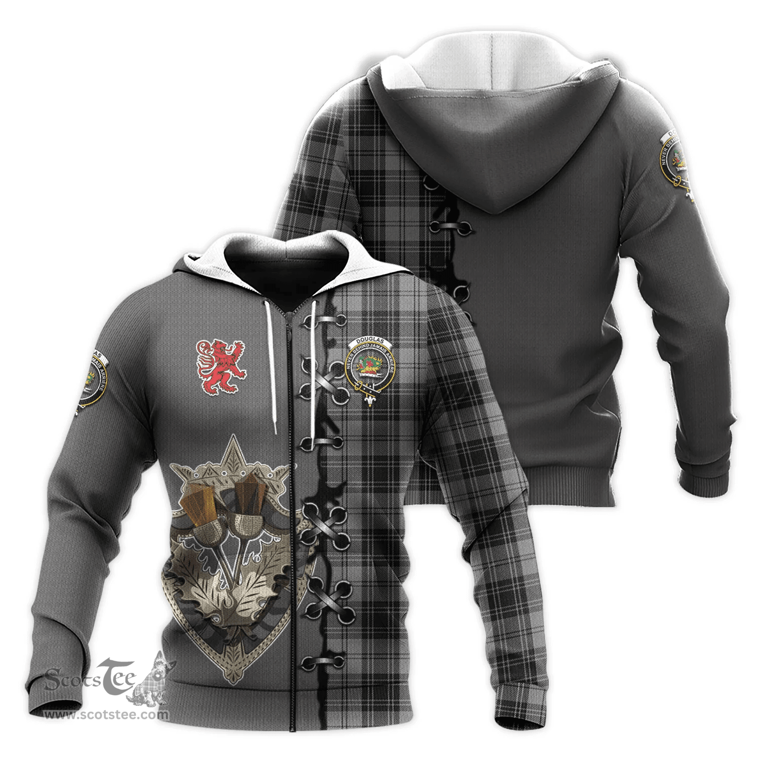 Scottish Douglas Grey Clan Tartan Hoodie - Lion Rampant And Celtic Thistle Style Scottish Plaid Tartan Plaid