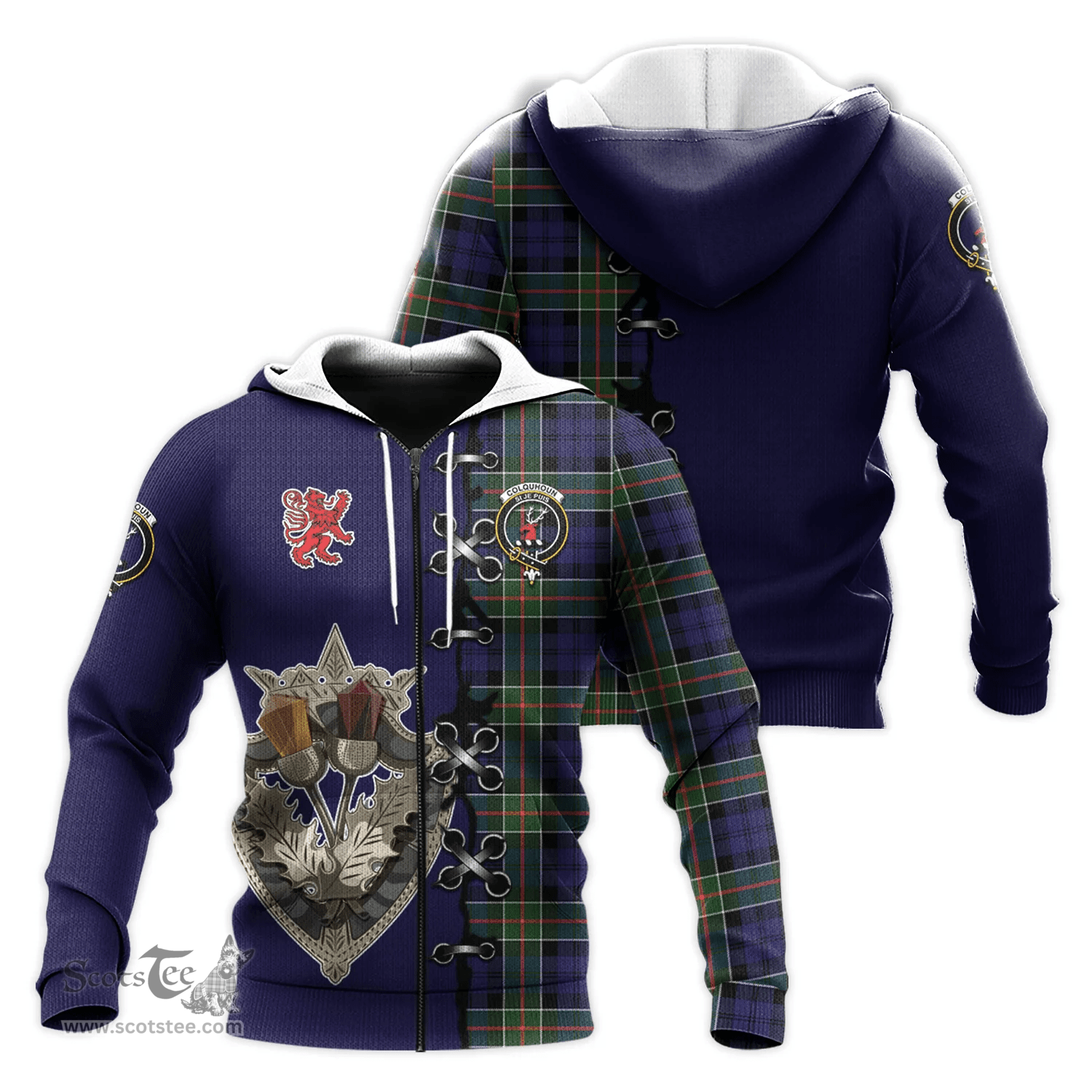 Scottish Colquhoun Modern Clan Tartan Hoodie - Lion Rampant And Celtic Thistle Style Scottish Plaid Tartan Plaid
