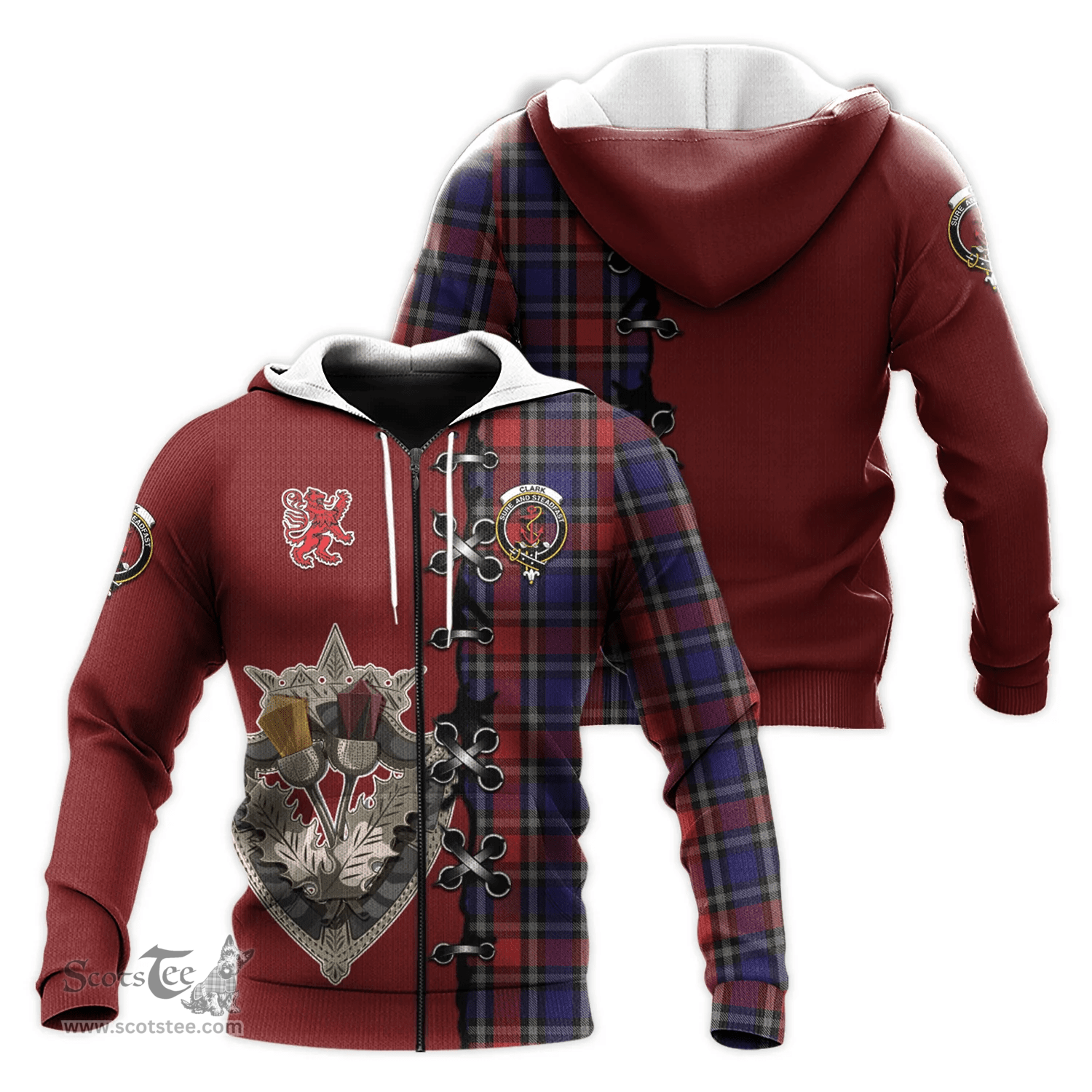 Scottish Clark Red Clan Tartan Hoodie - Lion Rampant And Celtic Thistle Style Scottish Plaid Tartan Plaid