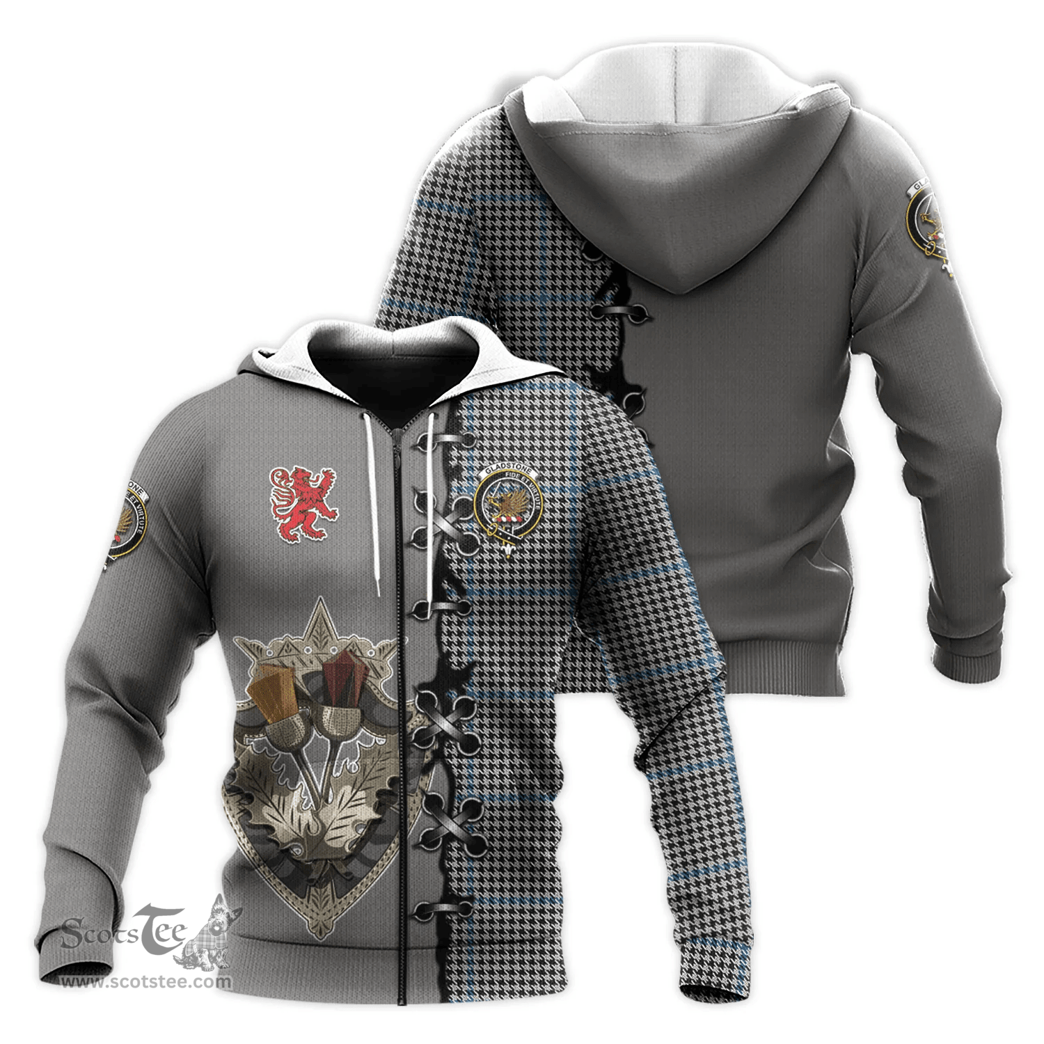 Scottish Gladstone Clan Tartan Hoodie - Lion Rampant And Celtic Thistle Style Scottish Plaid Tartan Plaid