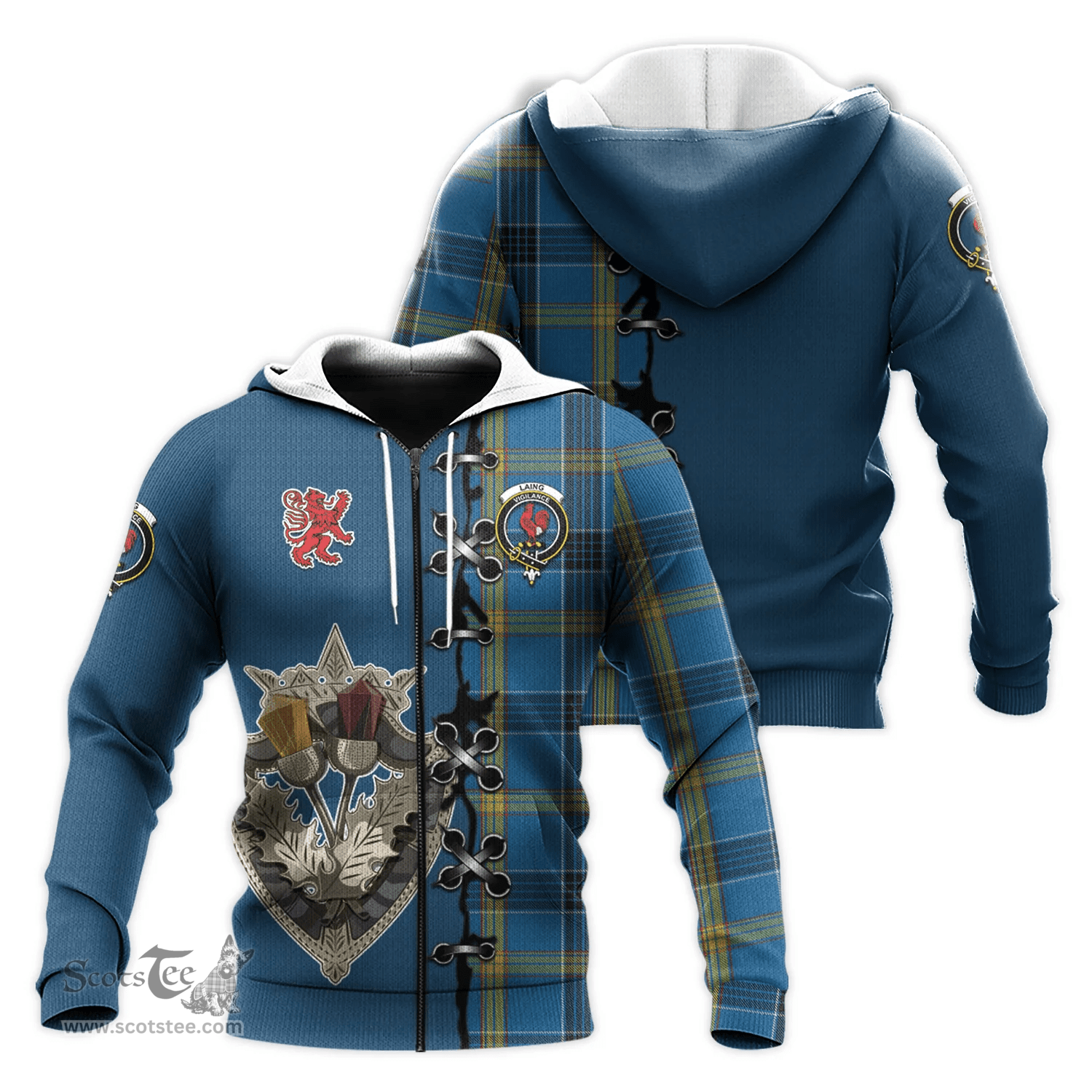 Scottish Laing Clan Tartan Hoodie - Lion Rampant And Celtic Thistle Style Scottish Plaid Tartan Plaid