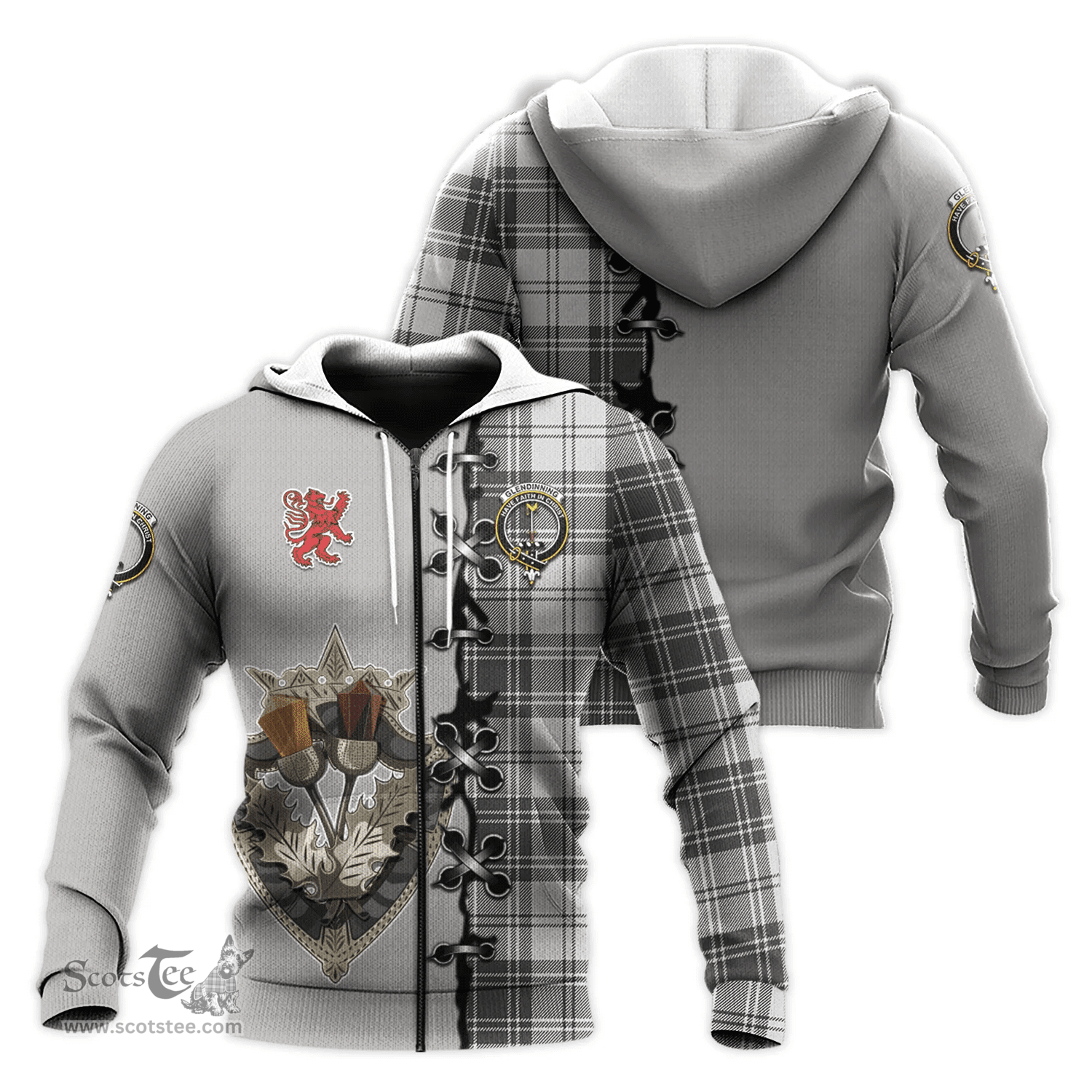 Scottish Glendinning Clan Tartan Hoodie - Lion Rampant And Celtic Thistle Style Scottish Plaid Tartan Plaid