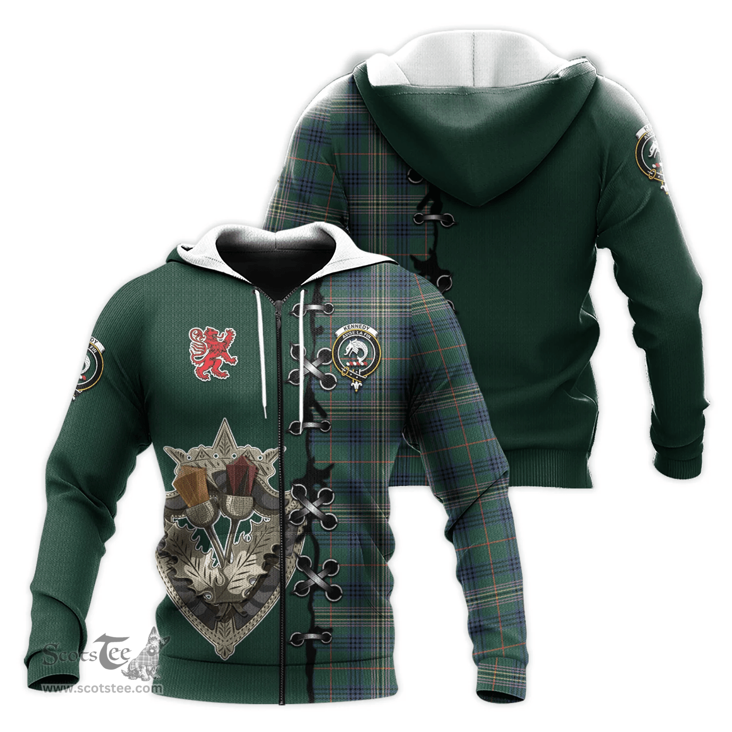 Scottish Kennedy Modern Clan Tartan Hoodie - Lion Rampant And Celtic Thistle Style Scottish Plaid Tartan Plaid