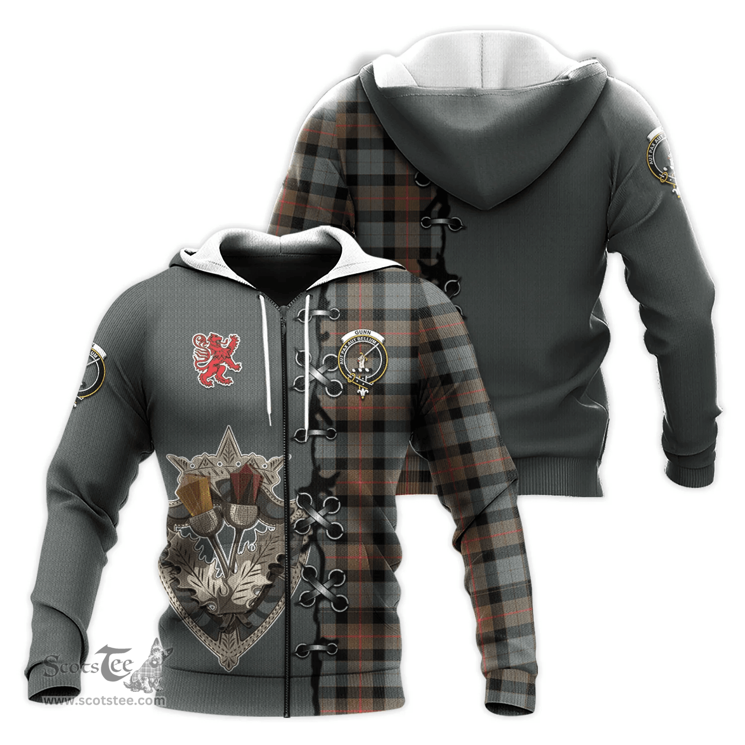 Scottish Gunn Weathered Clan Tartan Hoodie - Lion Rampant And Celtic Thistle Style Scottish Plaid Tartan Plaid