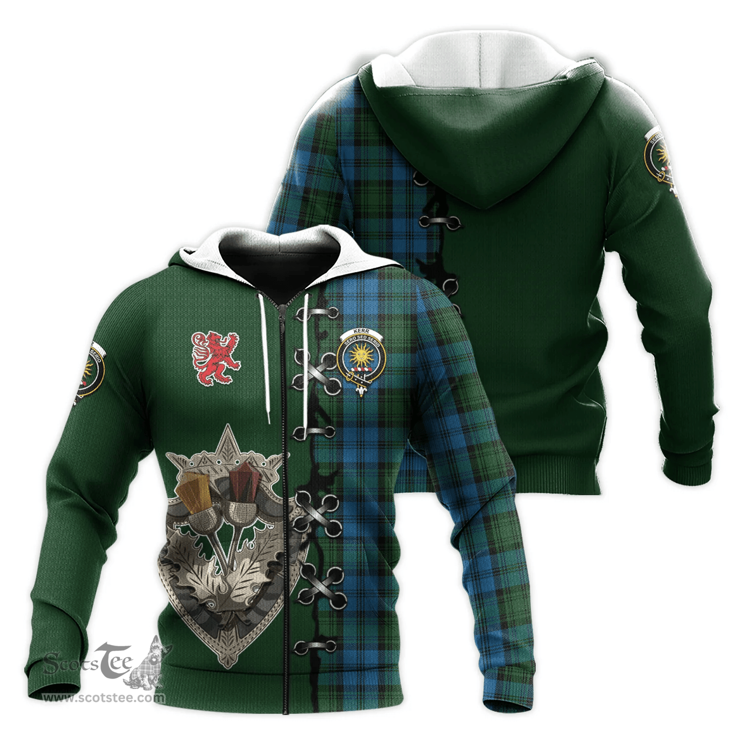 Scottish Kerr Hunting Clan Tartan Hoodie - Lion Rampant And Celtic Thistle Style Scottish Plaid Tartan Plaid