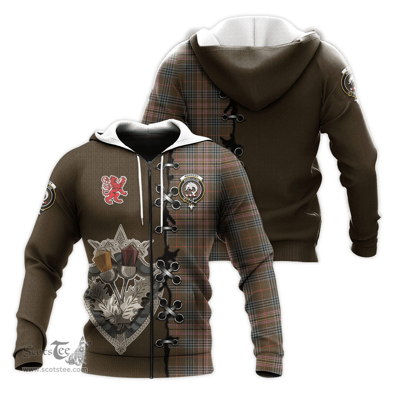 Scottish Kennedy Weathered Clan Tartan Hoodie - Lion Rampant And Celtic Thistle Style Scottish Plaid Tartan Plaid
