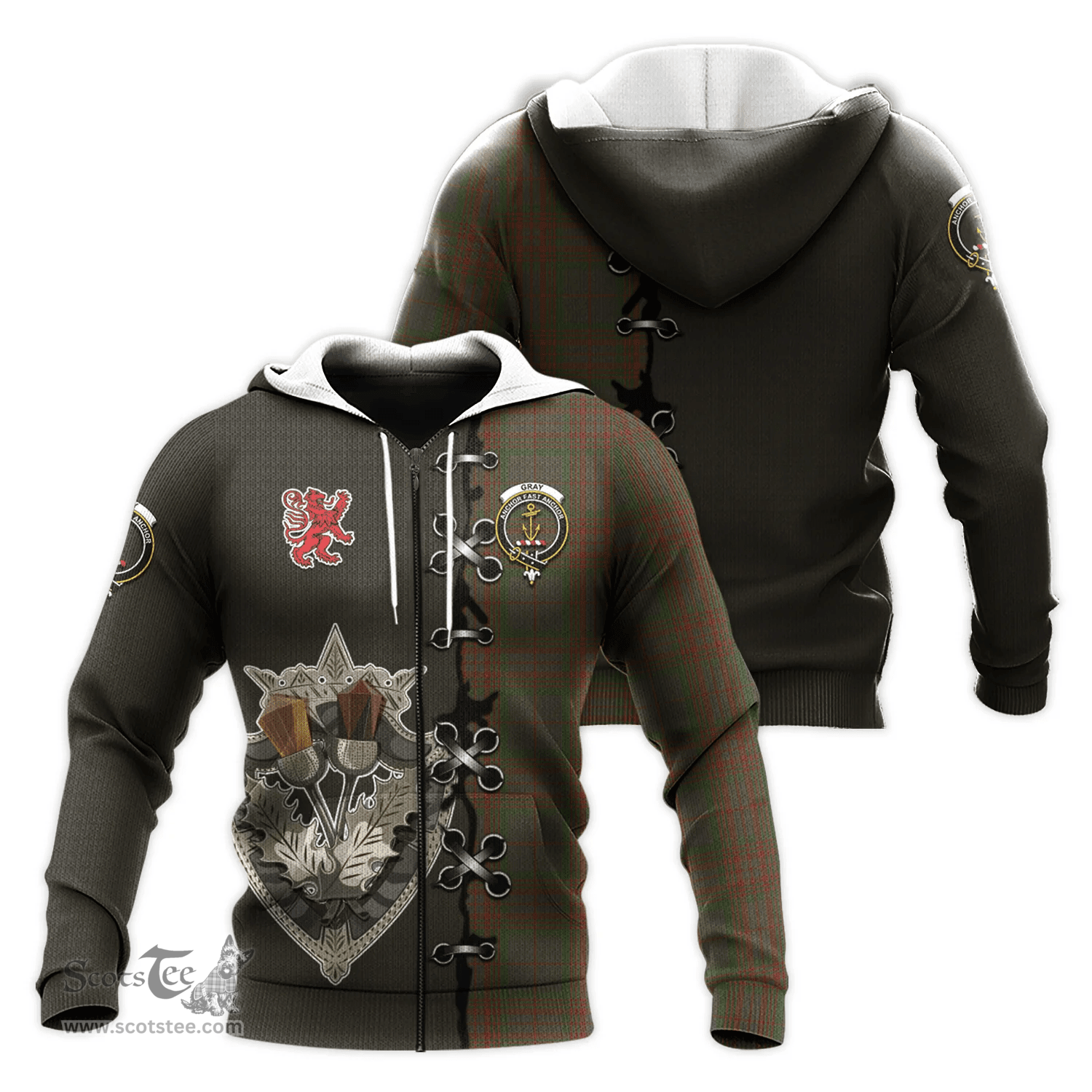 Scottish Gray Clan Tartan Hoodie - Lion Rampant And Celtic Thistle Style Scottish Plaid Tartan Plaid