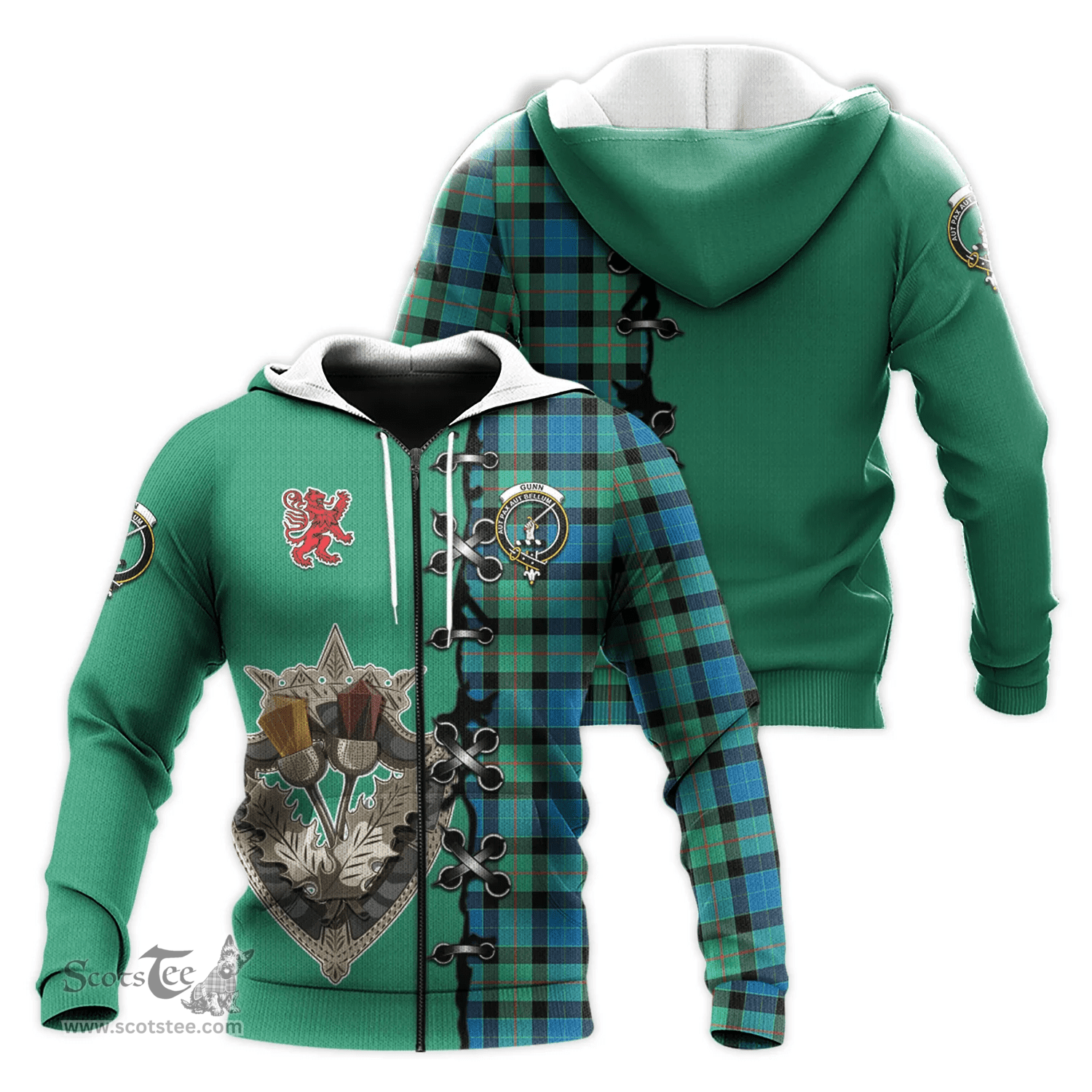 Scottish Gunn Ancient Clan Tartan Hoodie - Lion Rampant And Celtic Thistle Style Scottish Plaid Tartan Plaid