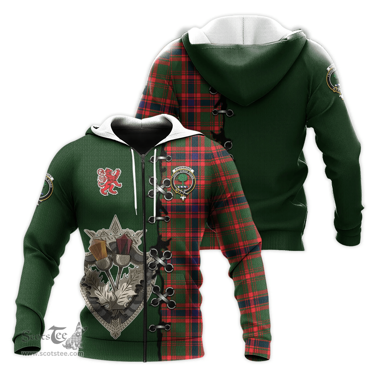 Scottish Kinninmont Clan Tartan Hoodie - Lion Rampant And Celtic Thistle Style Scottish Plaid Tartan Plaid