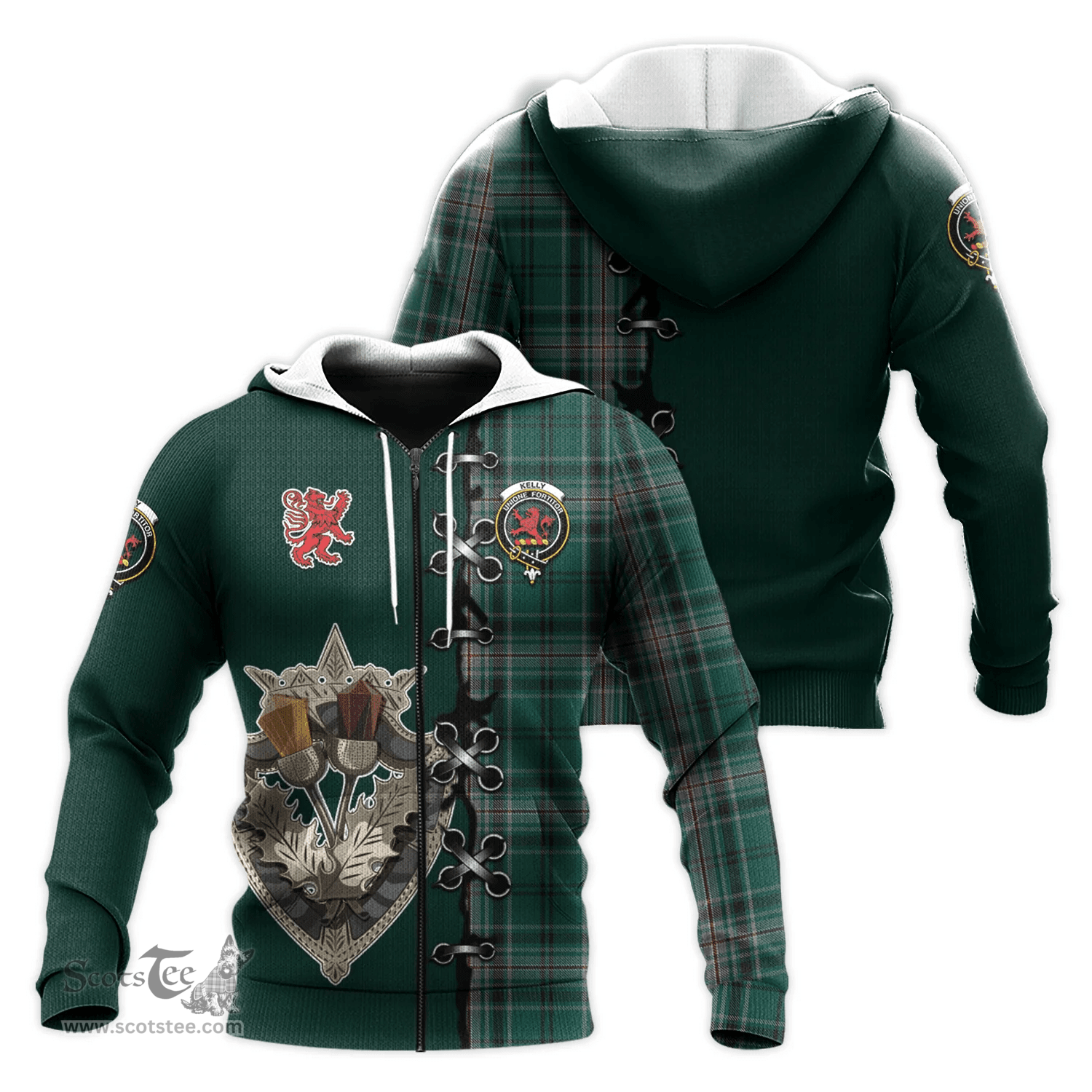 Scottish Kelly of Sleat Hunting Clan Tartan Hoodie - Lion Rampant And Celtic Thistle Style Scottish Plaid Tartan Plaid