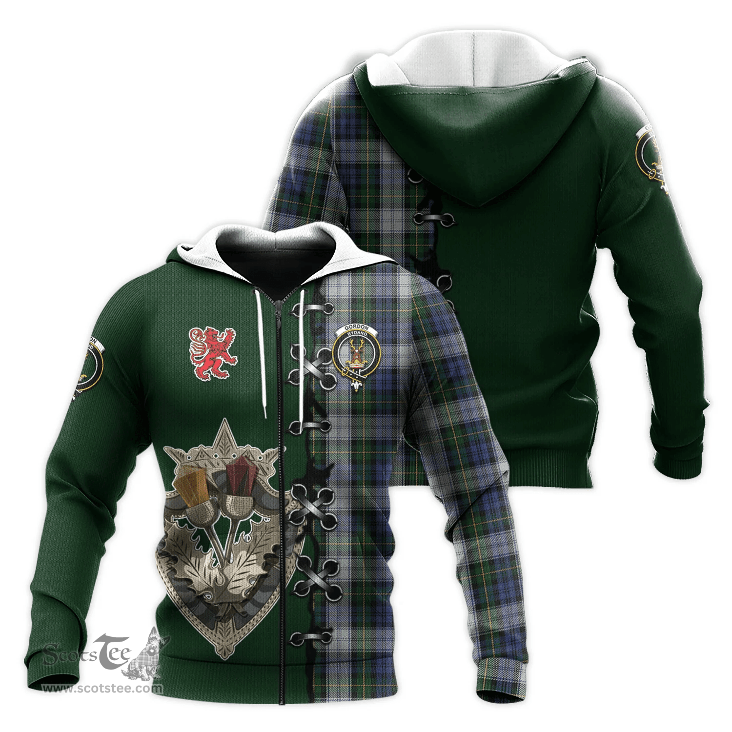 Scottish Gordon Dress Clan Tartan Hoodie - Lion Rampant And Celtic Thistle Style Scottish Plaid Tartan Plaid