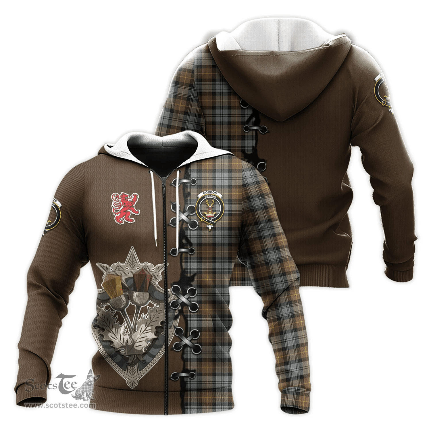 Scottish Gordon Weathered Clan Tartan Hoodie - Lion Rampant And Celtic Thistle Style Scottish Plaid Tartan Plaid