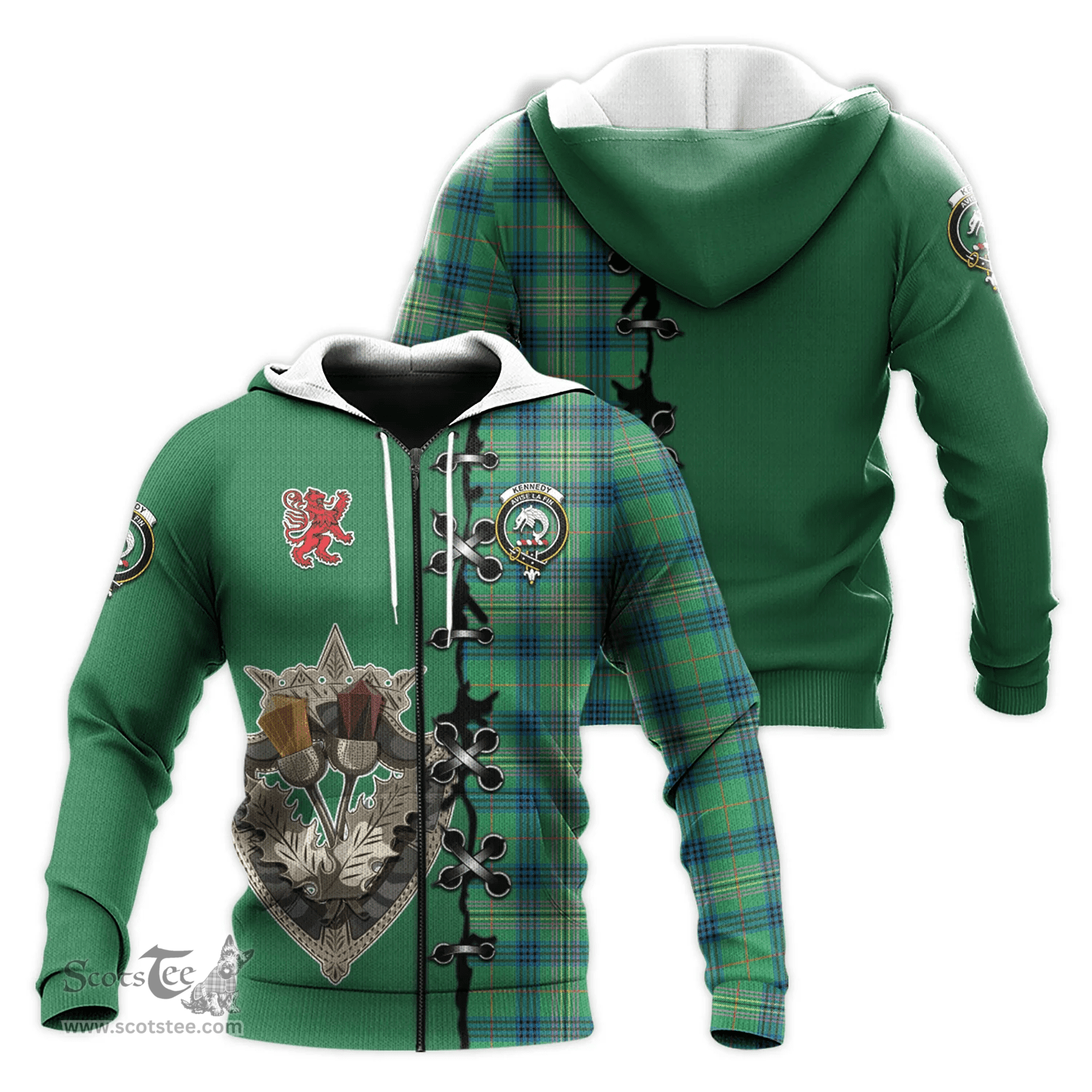Scottish Kennedy Ancient Clan Tartan Hoodie - Lion Rampant And Celtic Thistle Style Scottish Plaid Tartan Plaid