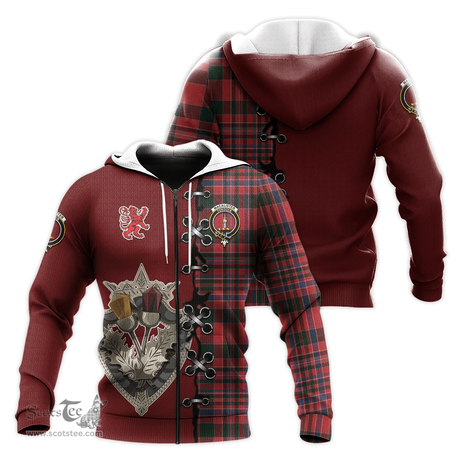 Scottish MacAlister Clan Tartan Hoodie - Lion Rampant And Celtic Thistle Style Scottish Plaid Tartan Plaid
