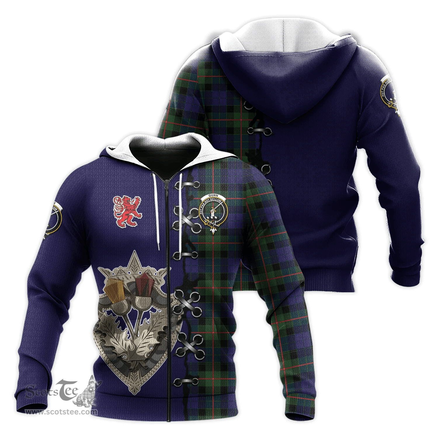 Scottish Gunn Modern Clan Tartan Hoodie - Lion Rampant And Celtic Thistle Style Scottish Plaid Tartan Plaid