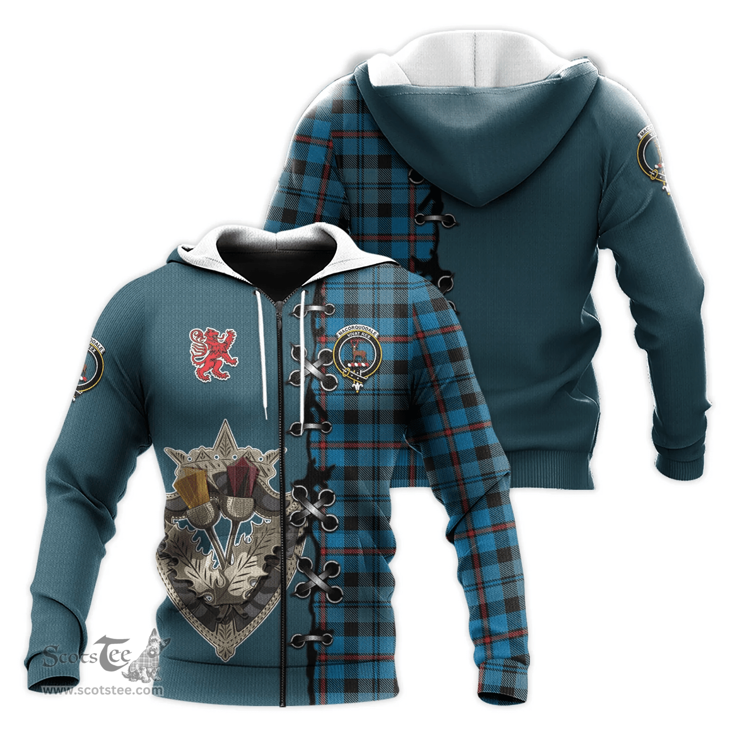Scottish MacCorquodale Clan Tartan Hoodie - Lion Rampant And Celtic Thistle Style Scottish Plaid Tartan Plaid