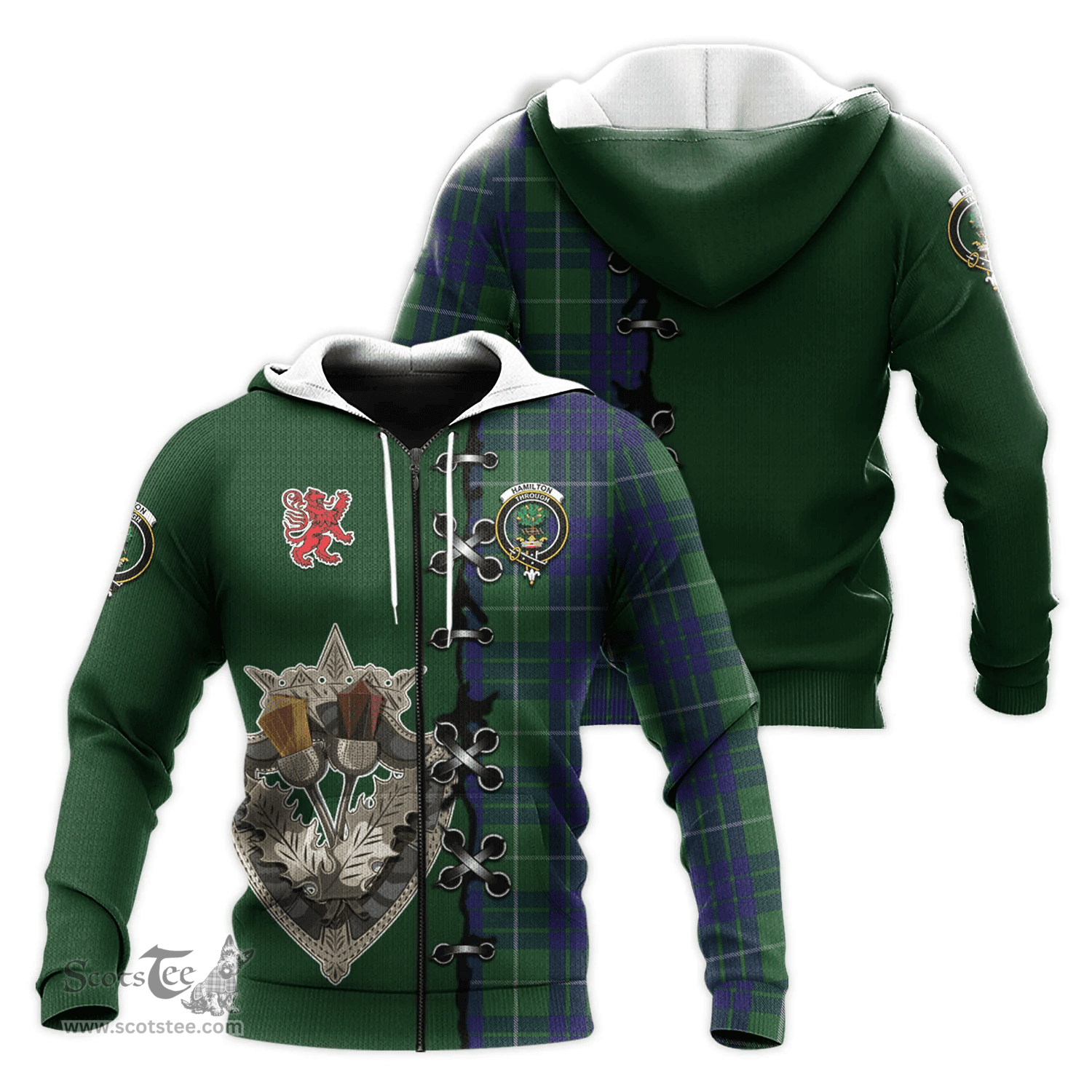Scottish Hamilton Green Hunting Clan Tartan Hoodie - Lion Rampant And Celtic Thistle Style Scottish Plaid Tartan Plaid