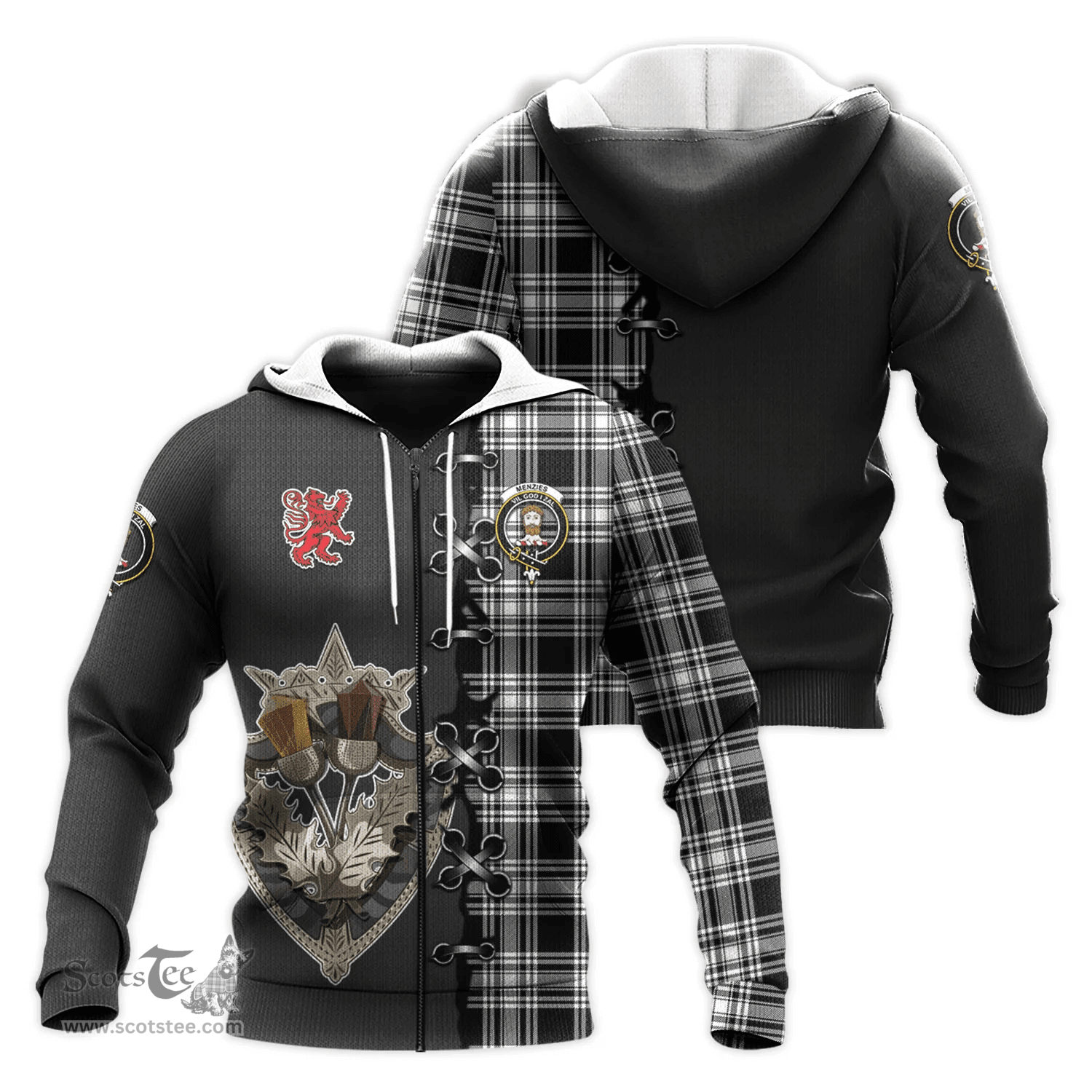 Scottish Menzies Black and White Clan Tartan Hoodie - Lion Rampant And Celtic Thistle Style Scottish Plaid Tartan Plaid