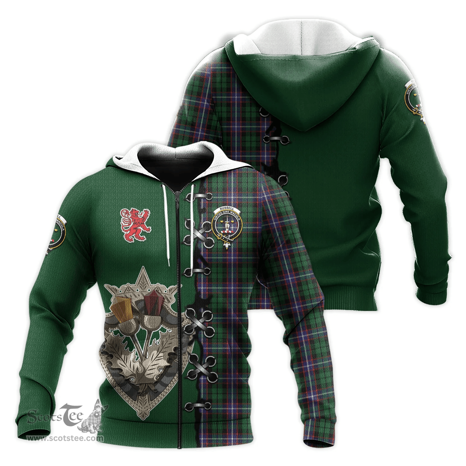 Scottish Russell Clan Tartan Hoodie - Lion Rampant And Celtic Thistle Style Scottish Plaid Tartan Plaid