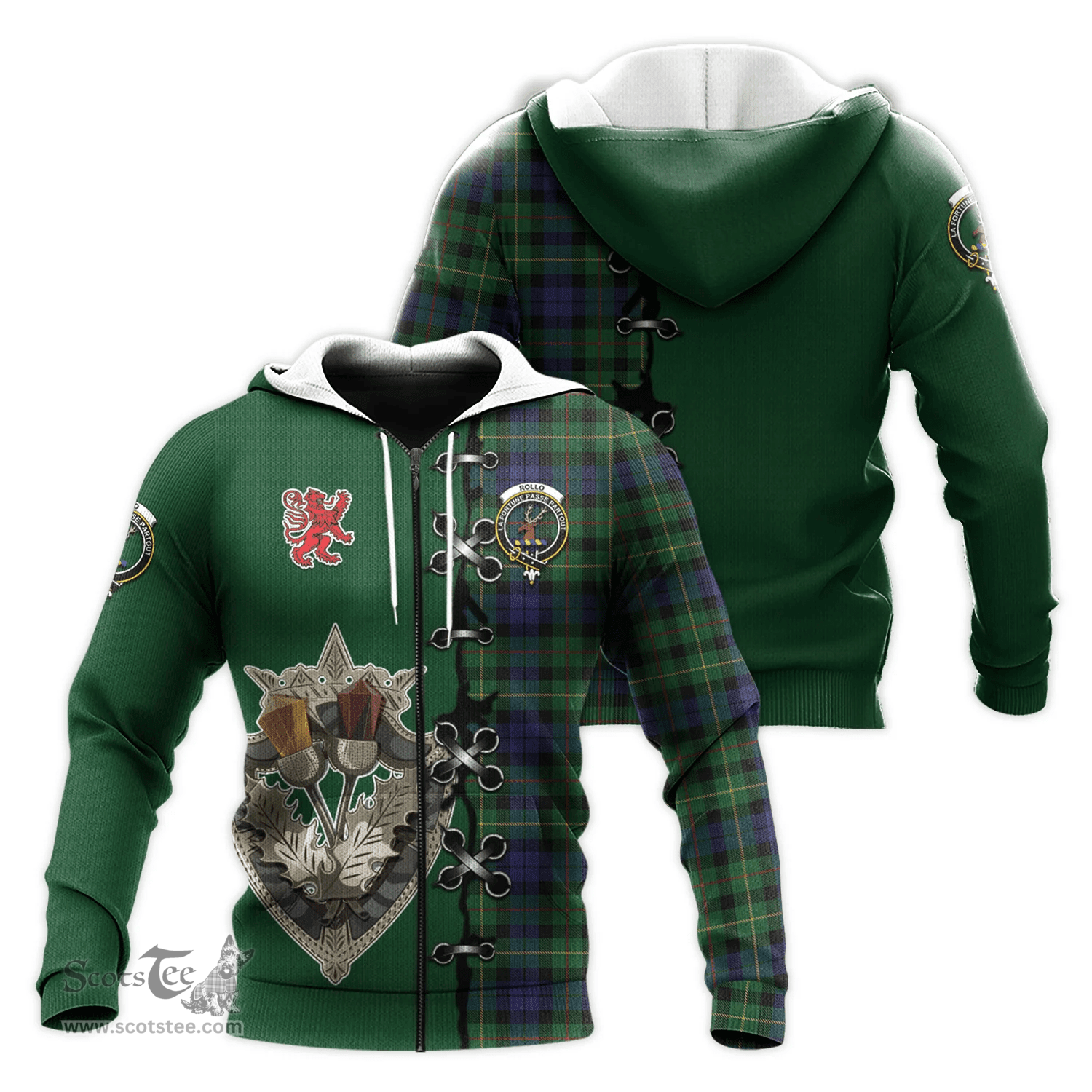 Scottish Rollo Clan Tartan Hoodie - Lion Rampant And Celtic Thistle Style Scottish Plaid Tartan Plaid