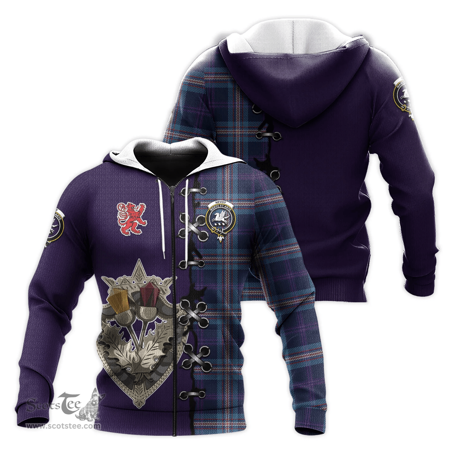 Scottish Nevoy Clan Tartan Hoodie - Lion Rampant And Celtic Thistle Style Scottish Plaid Tartan Plaid