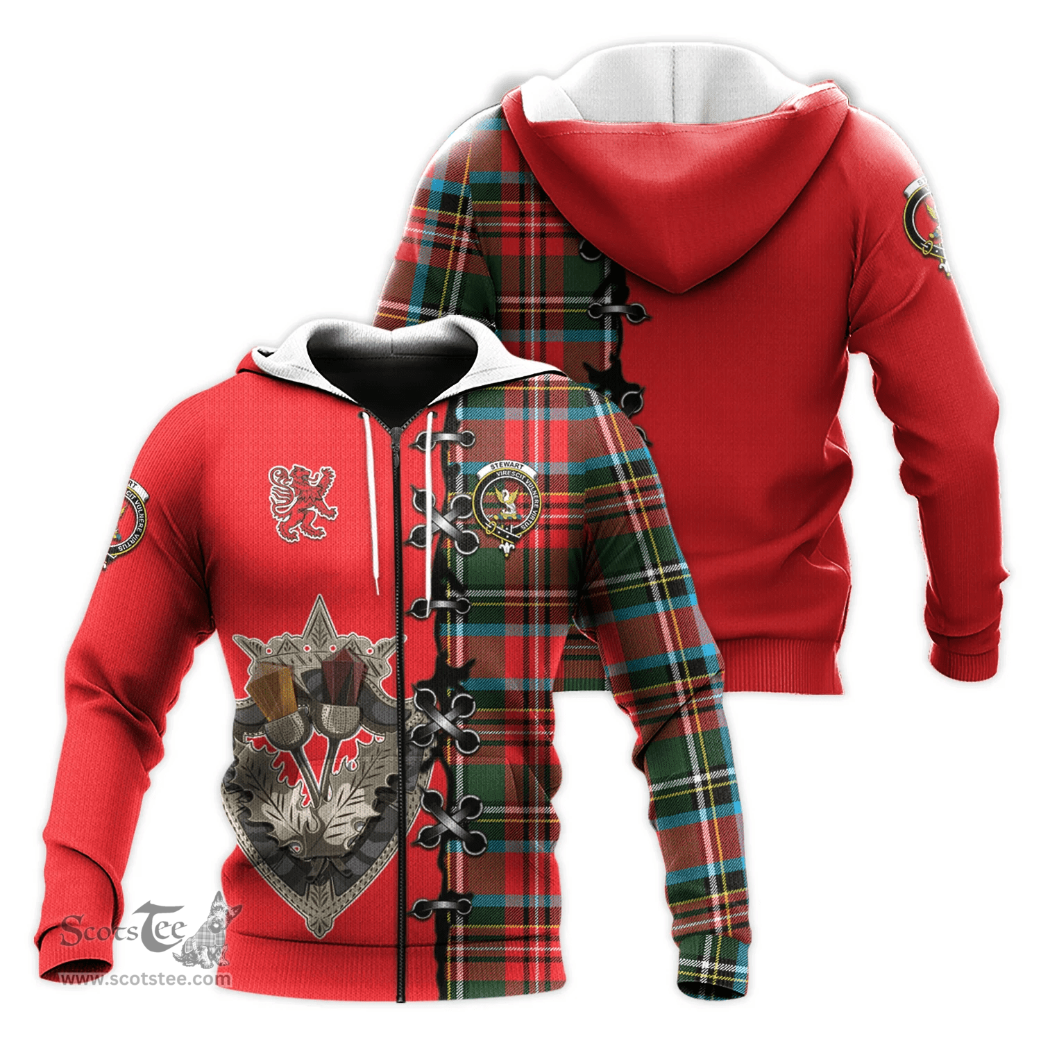 Scottish Stewart Royal Clan Tartan Hoodie - Lion Rampant And Celtic Thistle Style Scottish Plaid Tartan Plaid