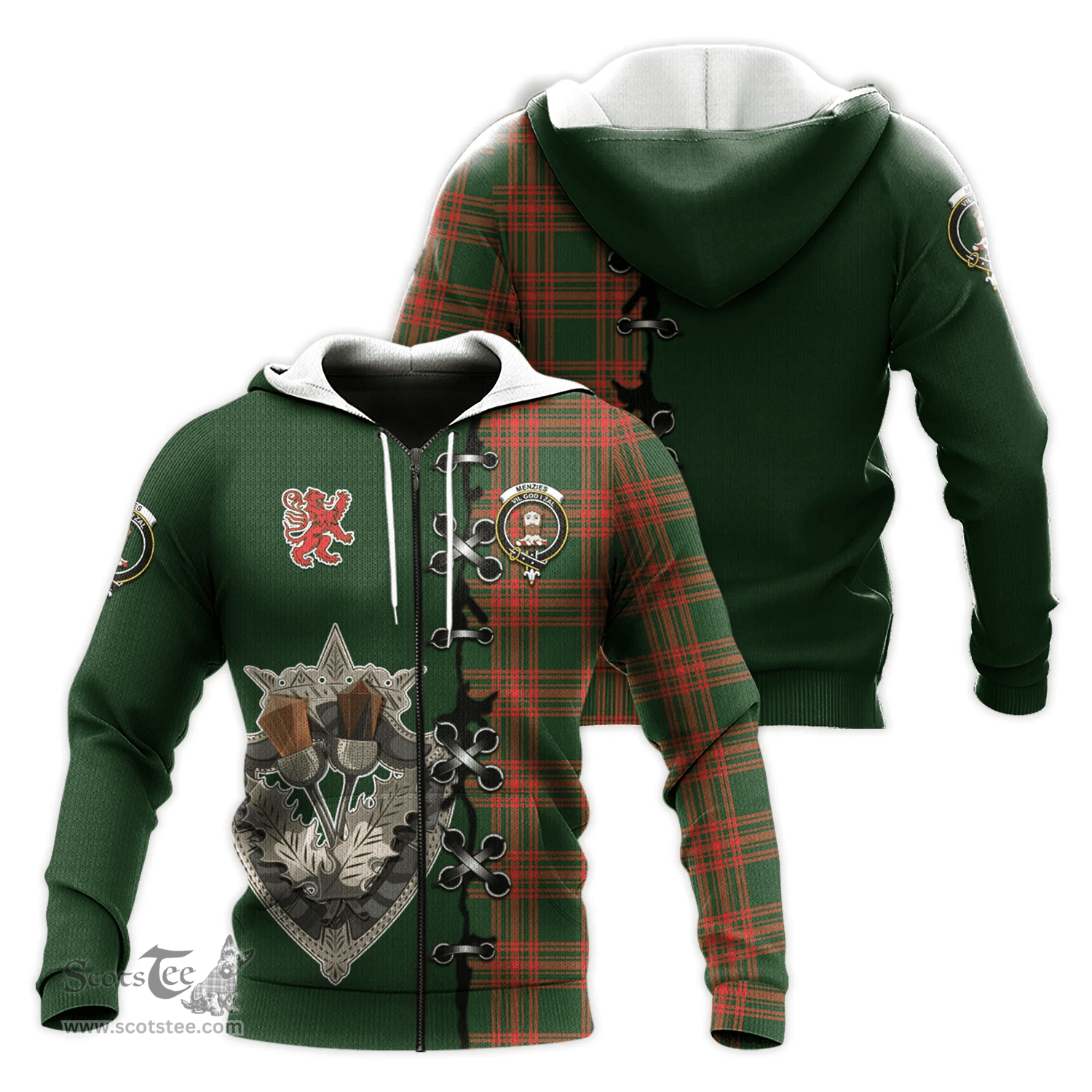 Scottish Menzies Green Modern Clan Tartan Hoodie - Lion Rampant And Celtic Thistle Style Scottish Plaid Tartan Plaid
