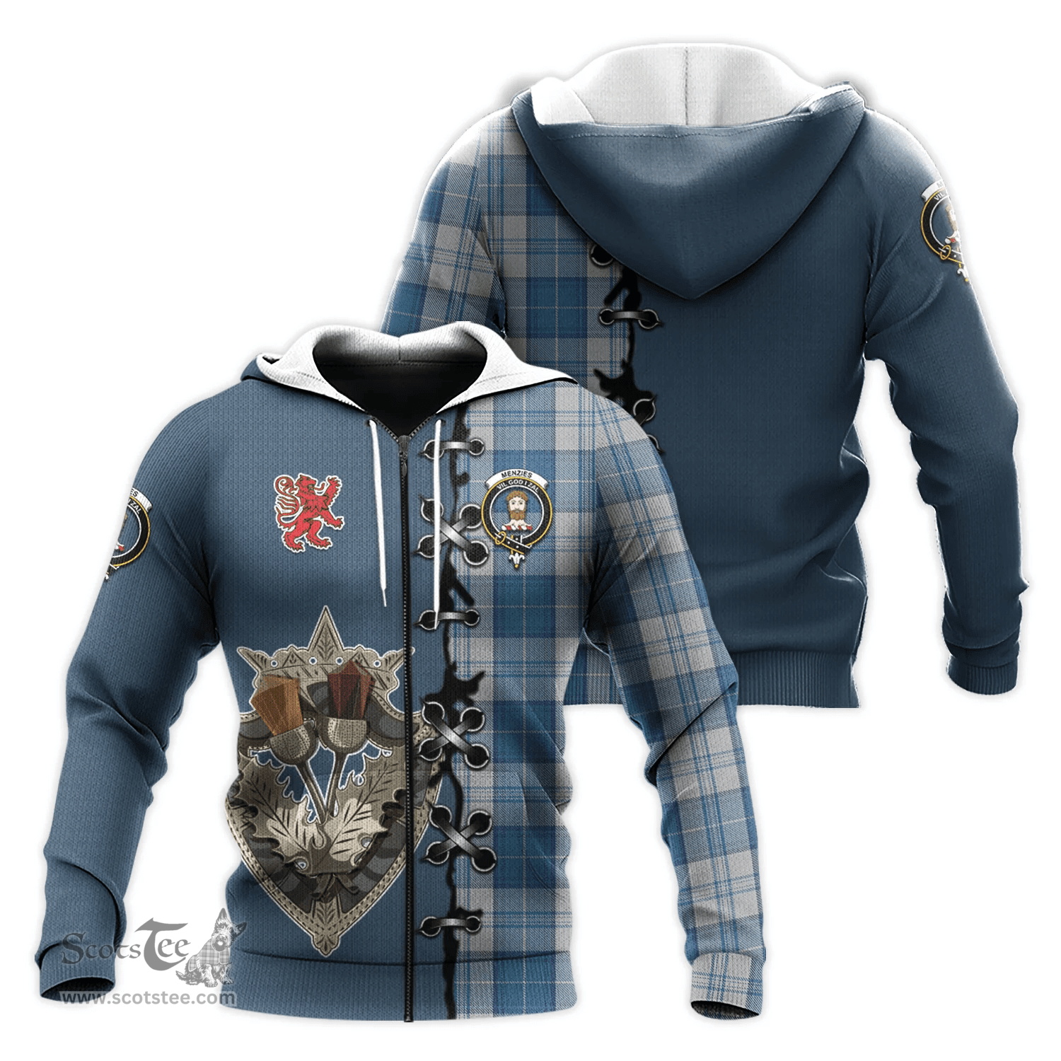 Scottish Menzies Dress Blue and White Clan Tartan Hoodie - Lion Rampant And Celtic Thistle Style Scottish Plaid Tartan Plaid