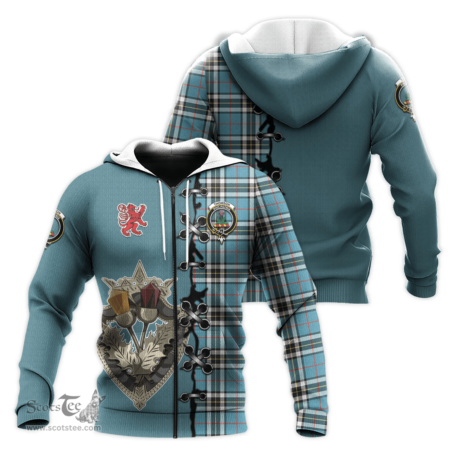 Scottish Thomson Clan Tartan Hoodie - Lion Rampant And Celtic Thistle Style Scottish Plaid Tartan Plaid