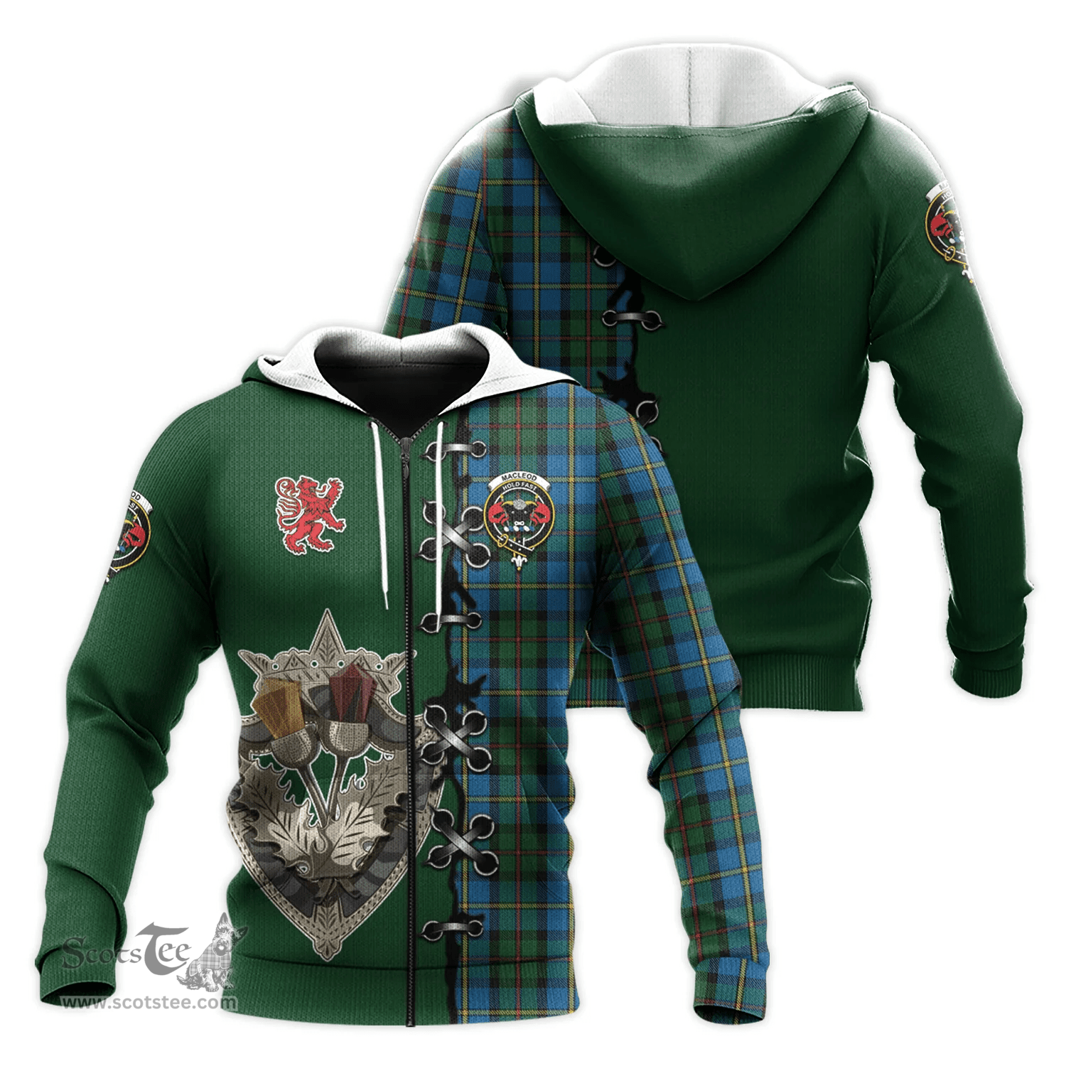 Scottish MacLeod Green Clan Tartan Hoodie - Lion Rampant And Celtic Thistle Style Scottish Plaid Tartan Plaid