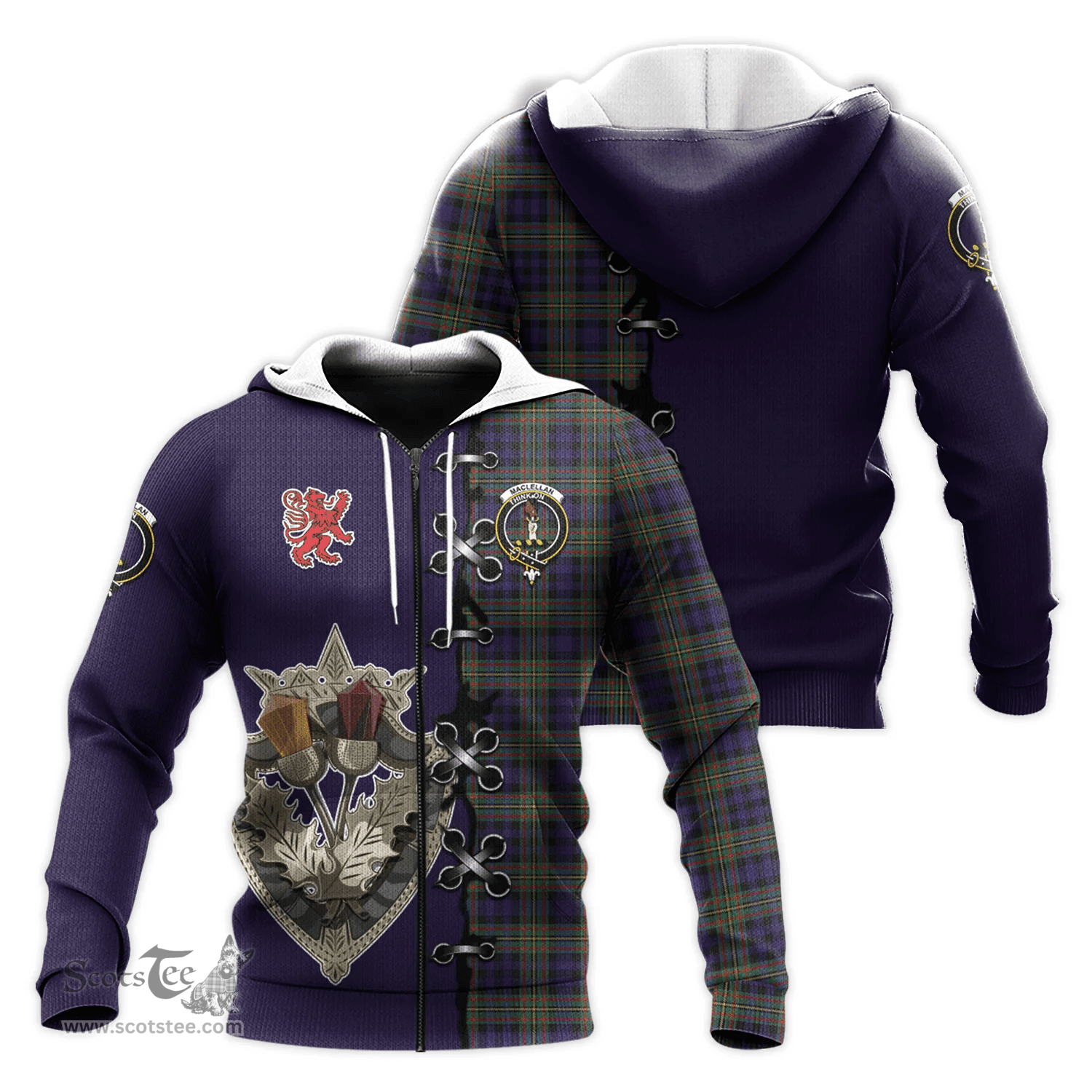 Scottish MacLellan Clan Tartan Hoodie - Lion Rampant And Celtic Thistle Style Scottish Plaid Tartan Plaid