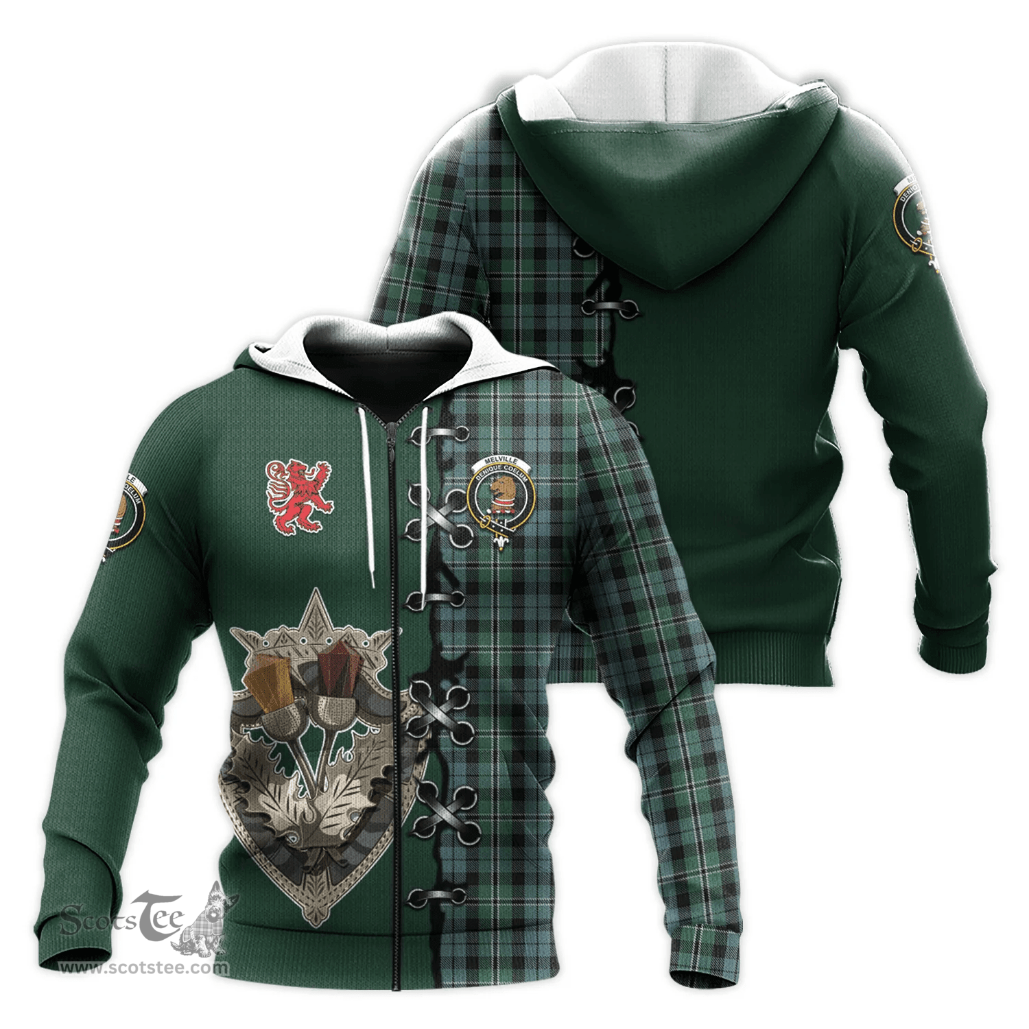 Scottish Melville Clan Tartan Hoodie - Lion Rampant And Celtic Thistle Style Scottish Plaid Tartan Plaid