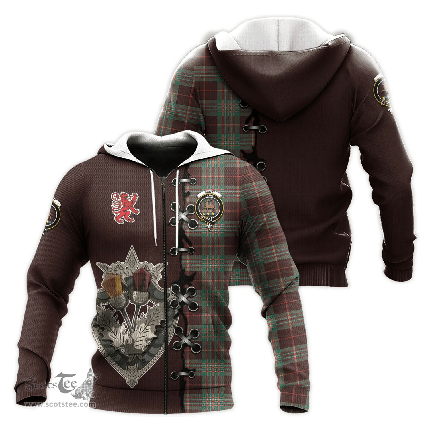 Scottish Scott Brown Ancient Clan Tartan Hoodie - Lion Rampant And Celtic Thistle Style Scottish Plaid Tartan Plaid
