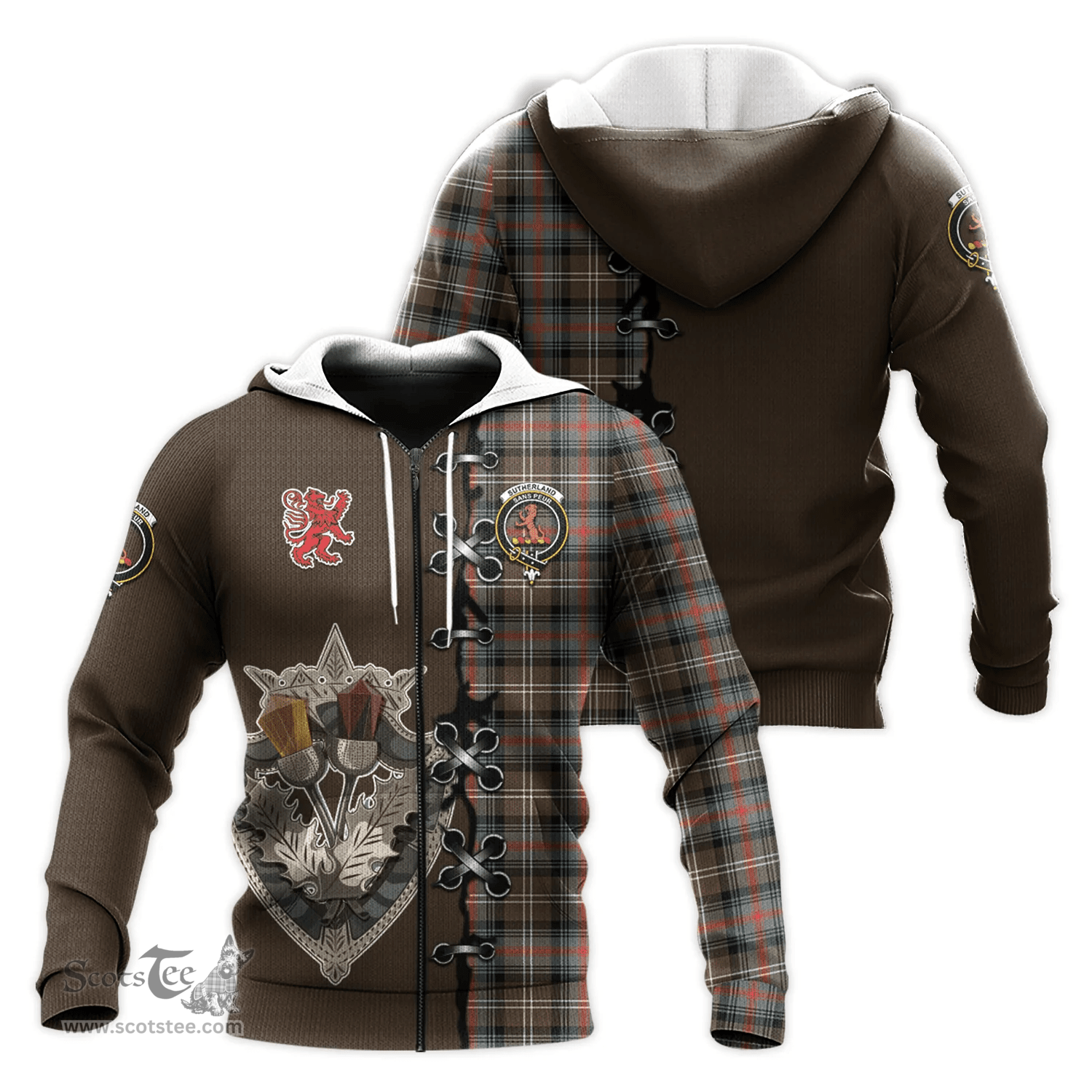 Scottish Sutherland Weathered Clan Tartan Hoodie - Lion Rampant And Celtic Thistle Style Scottish Plaid Tartan Plaid