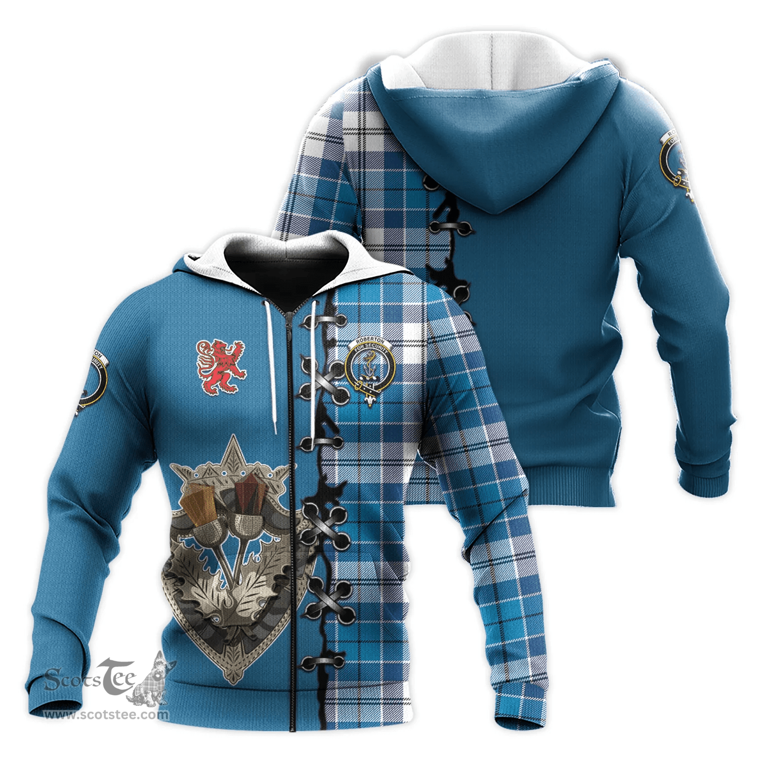 Scottish Roberton Clan Tartan Hoodie - Lion Rampant And Celtic Thistle Style Scottish Plaid Tartan Plaid