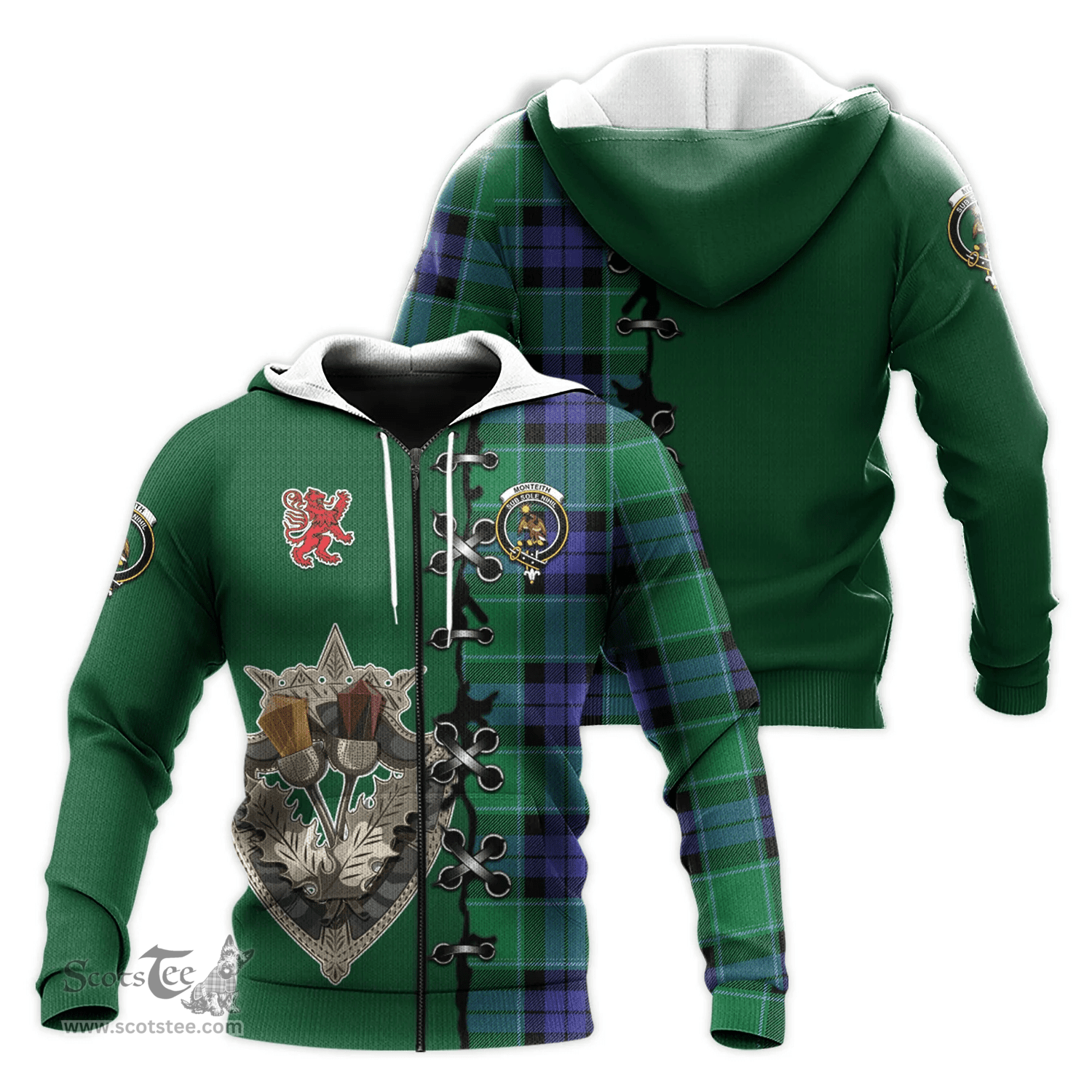 Scottish Monteith Clan Tartan Hoodie - Lion Rampant And Celtic Thistle Style Scottish Plaid Tartan Plaid