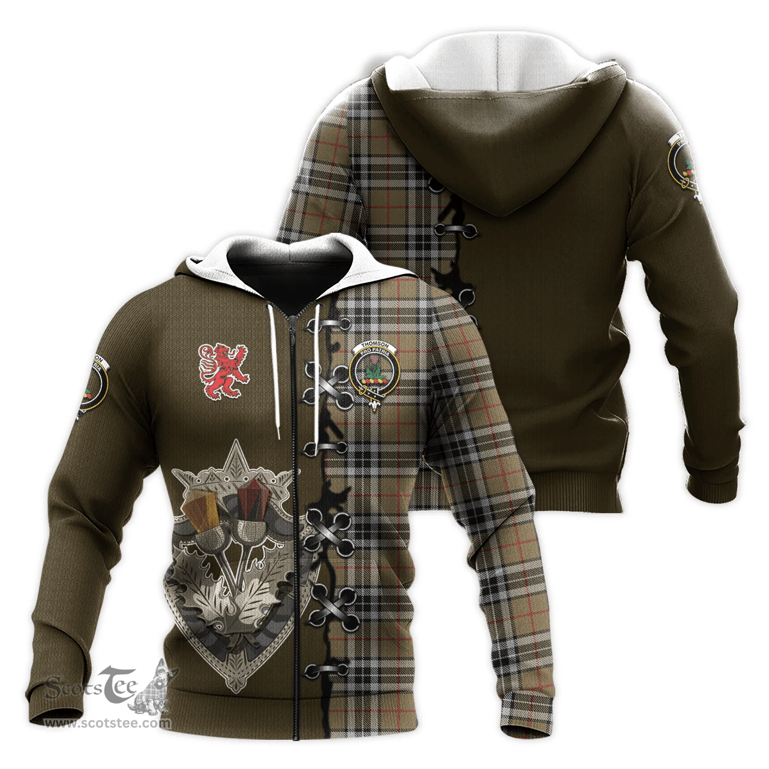 Scottish Thomson Camel Clan Tartan Hoodie - Lion Rampant And Celtic Thistle Style Scottish Plaid Tartan Plaid