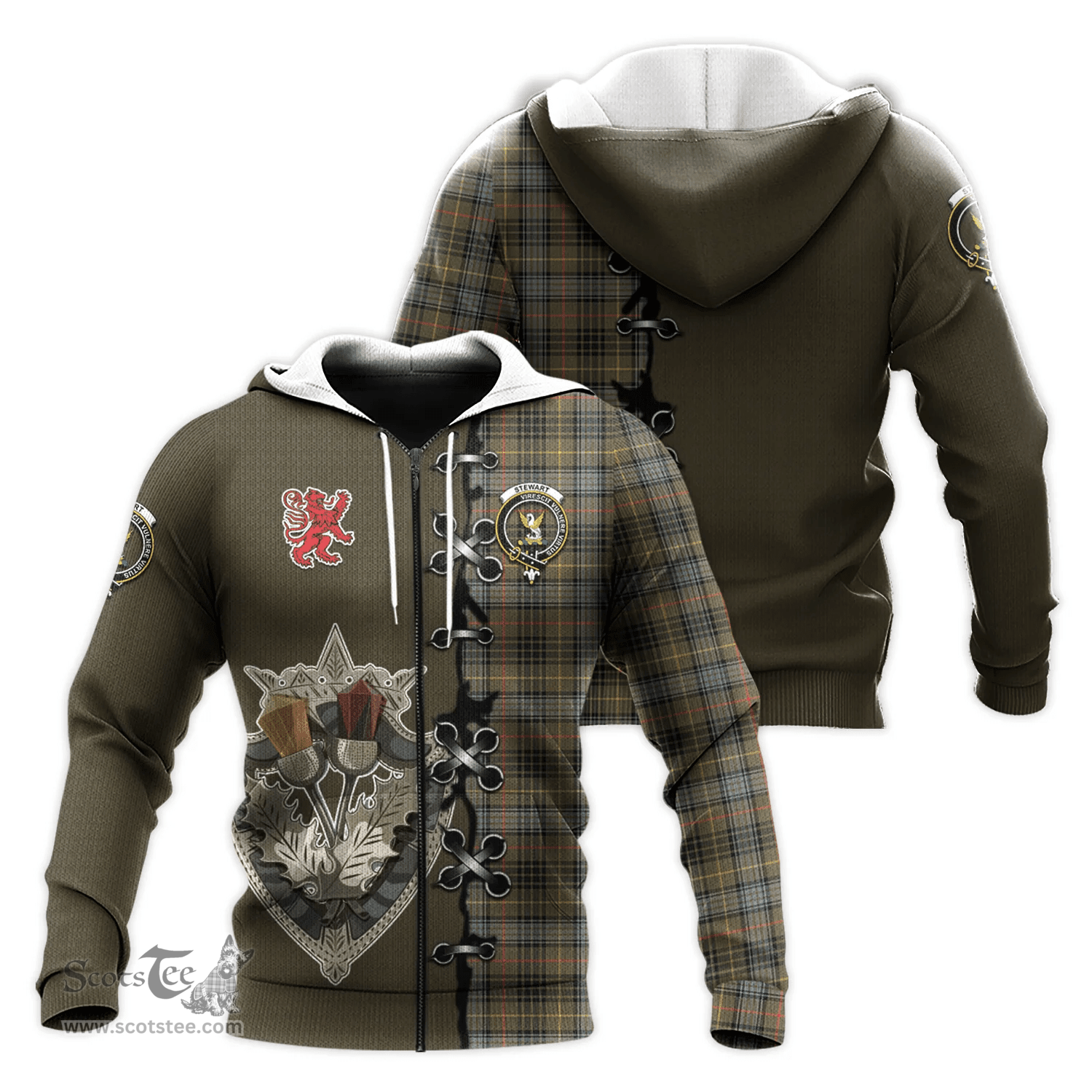Scottish Stewart Hunting Weathered Clan Tartan Hoodie - Lion Rampant And Celtic Thistle Style Scottish Plaid Tartan Plaid